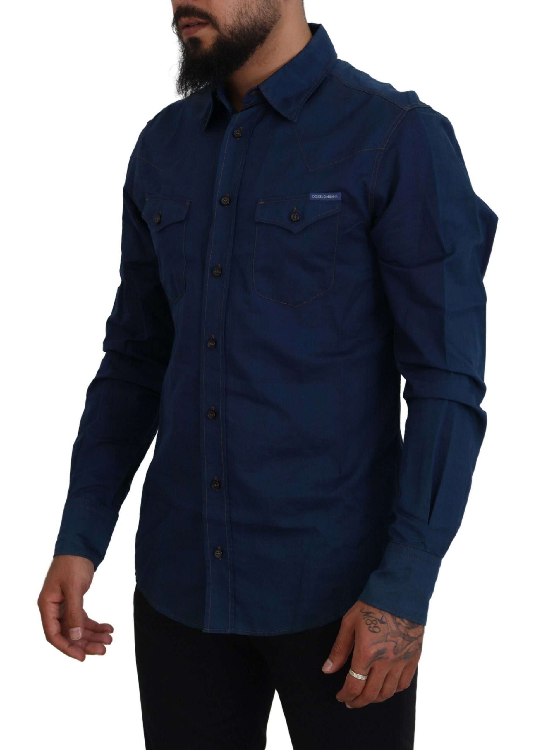Dolce & Gabbana Blue Denim Cotton Slim Fit GOLD Риза