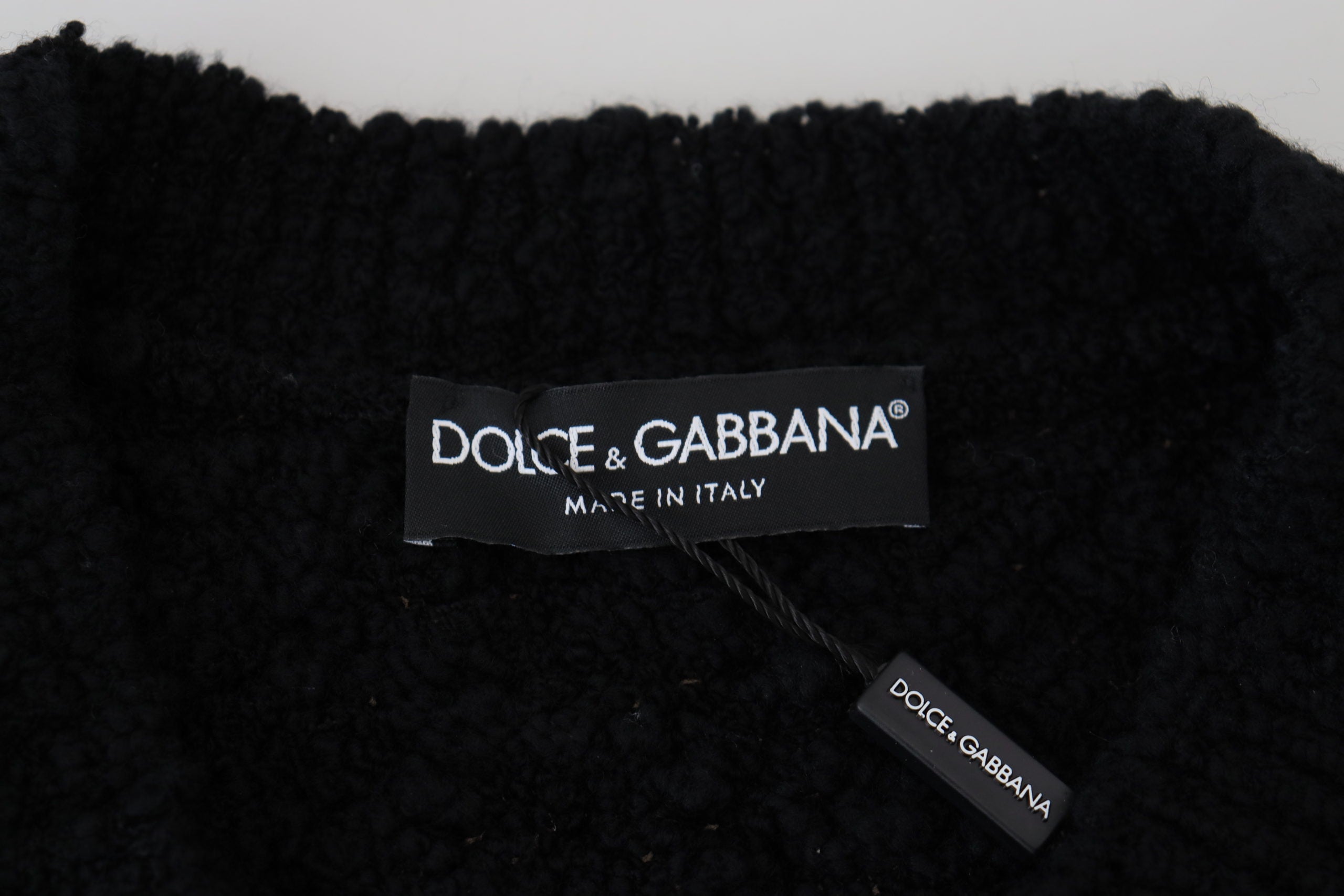 Черен вълнен плетен пуловер с V-образно деколте Dolce & Gabbana