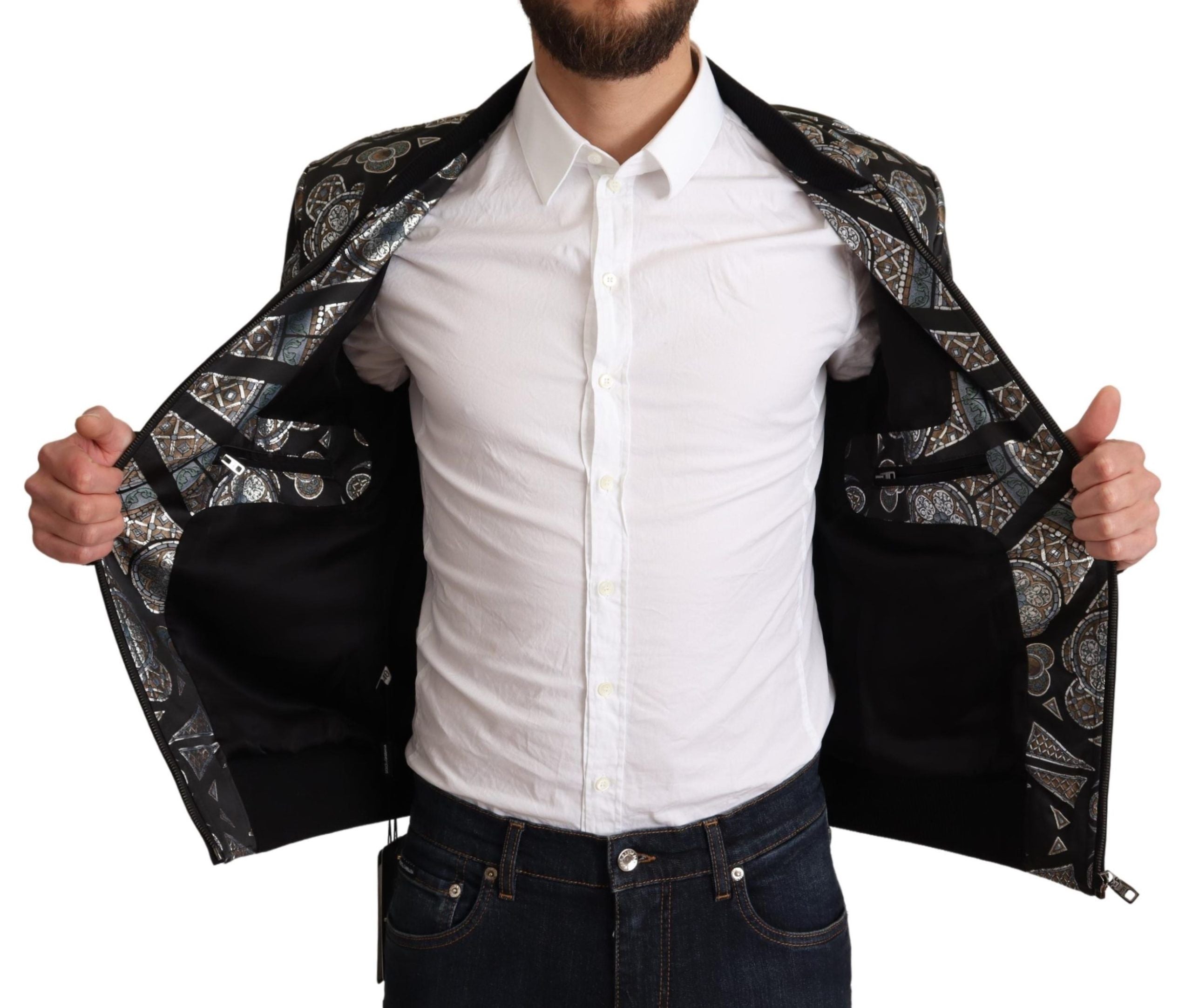 Dolce & Gabbana Blue Jacquard Motive Bomber Coat Мъжко яке
