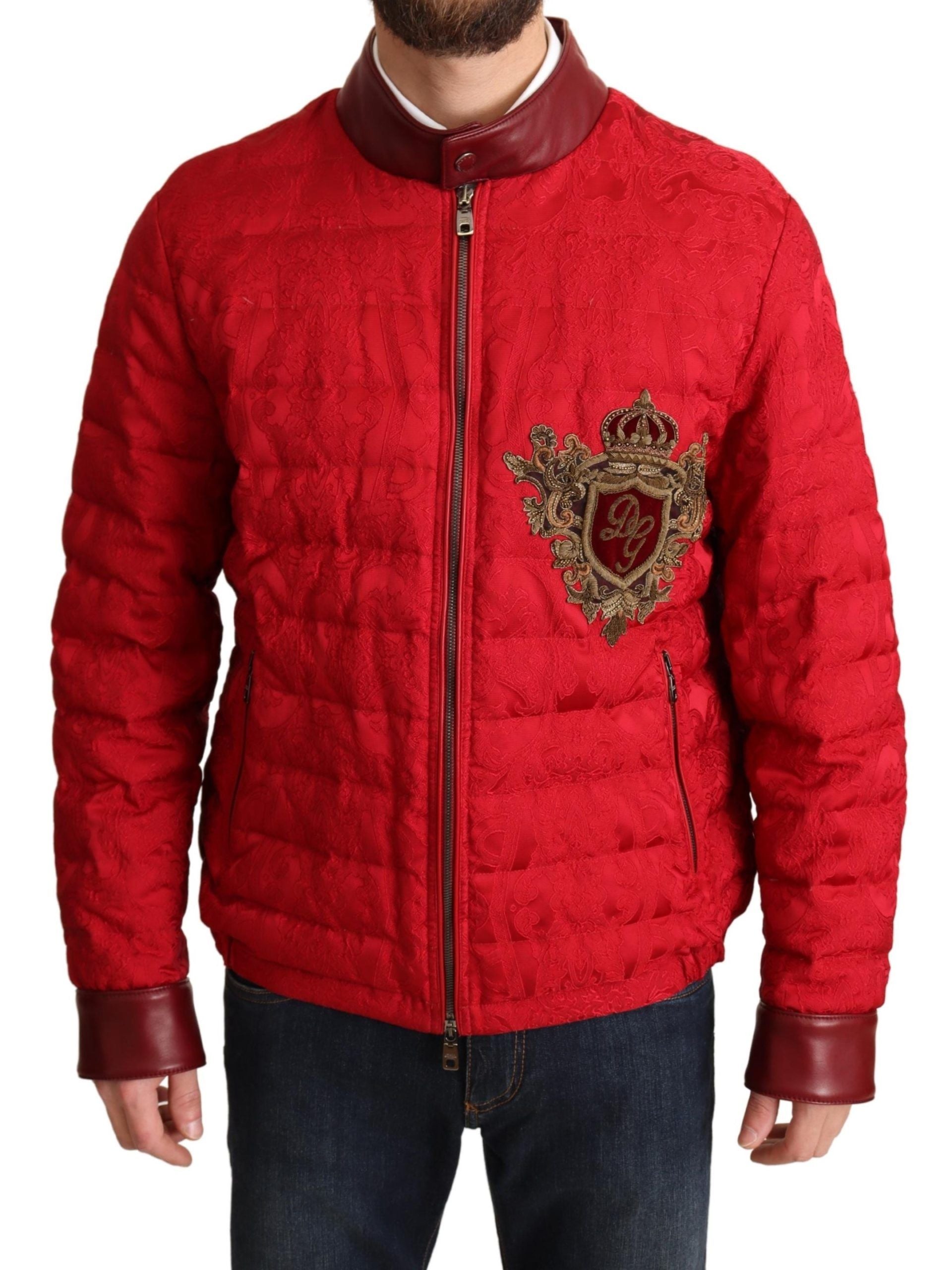 Яке Dolce & Gabbana с червен брокатен бомбър Gold Crown Logo