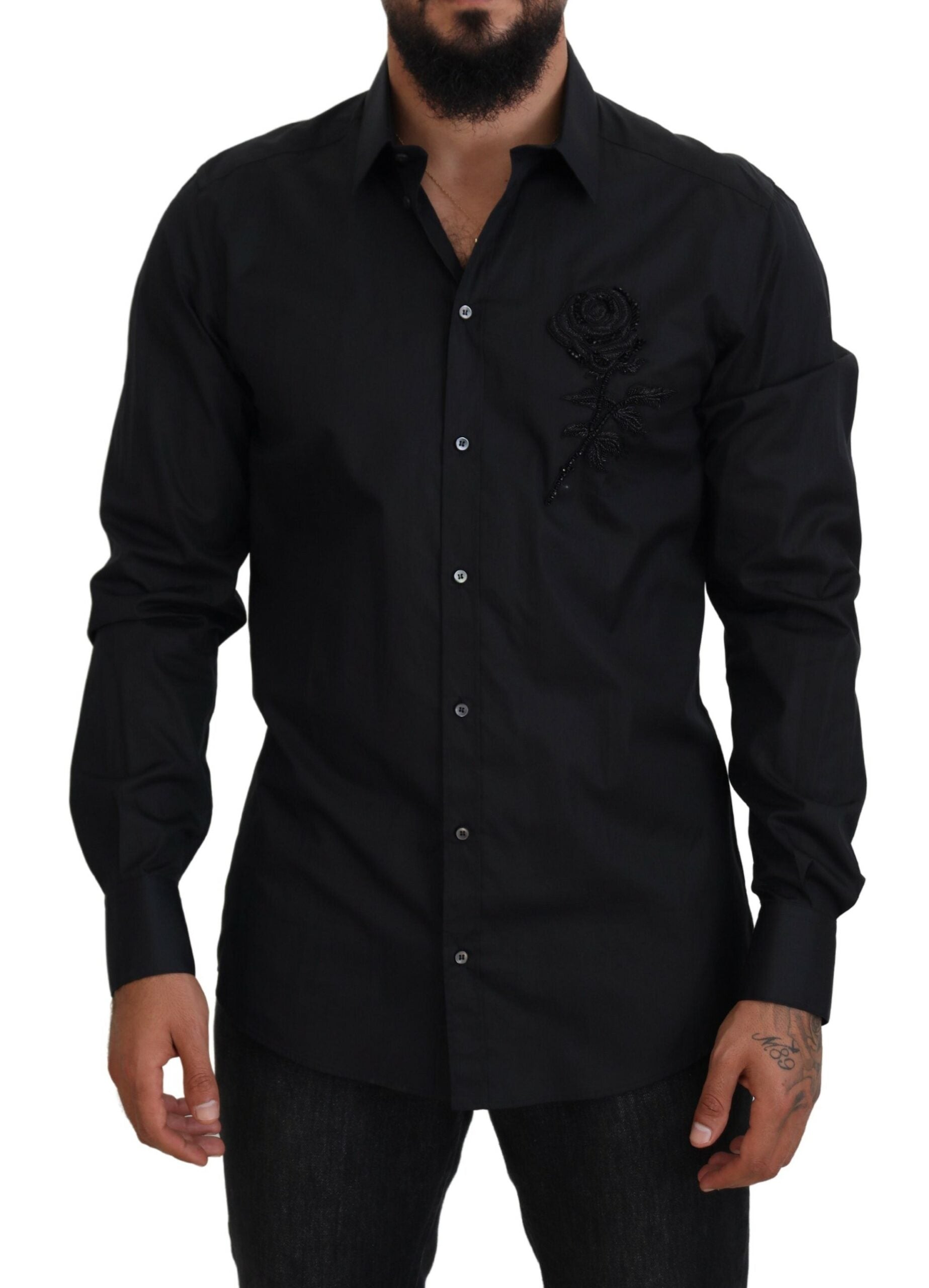 Dolce & Gabbana Black Roses Slim Fit памучна риза