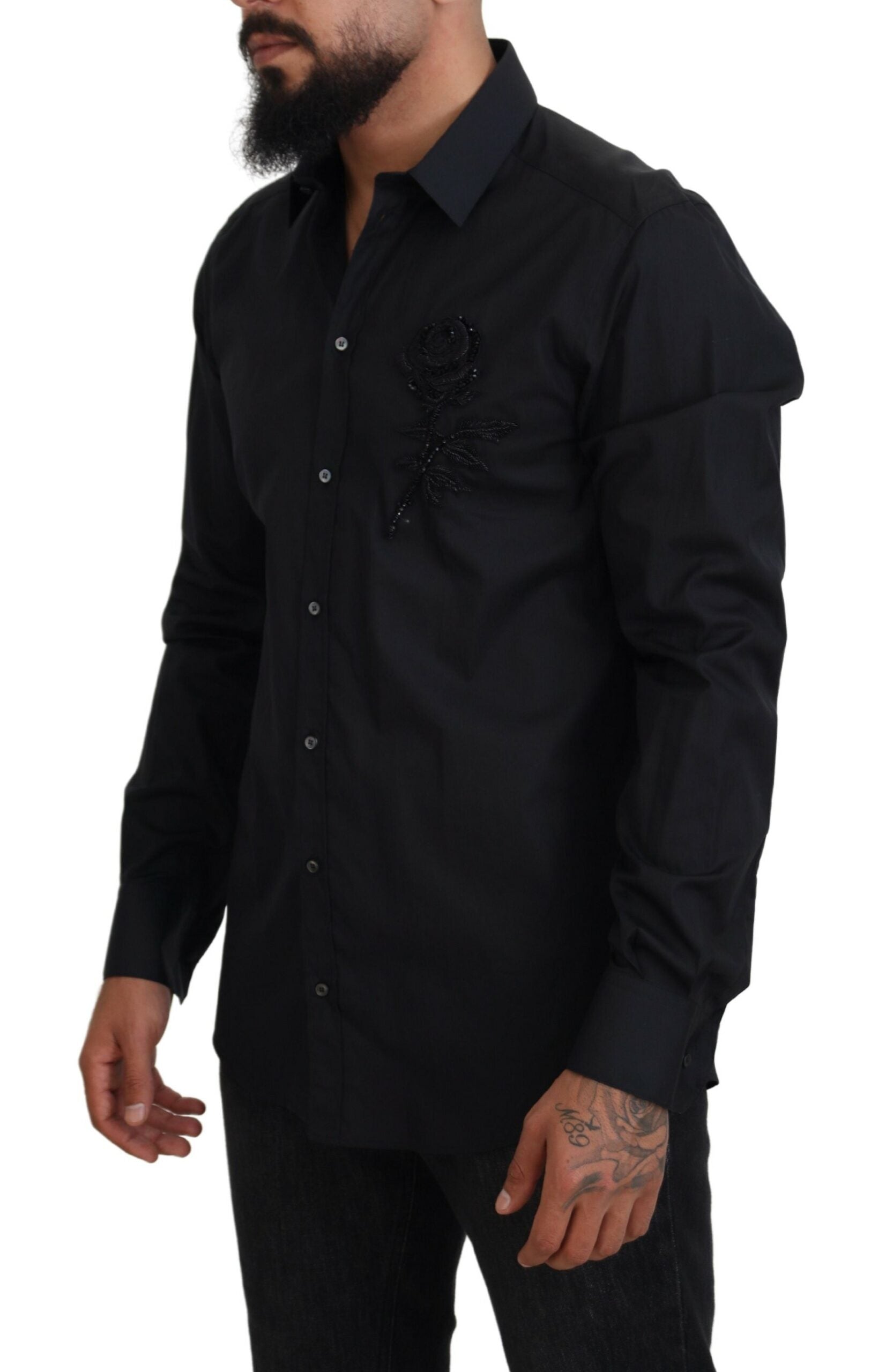 Dolce & Gabbana Black Roses Slim Fit памучна риза