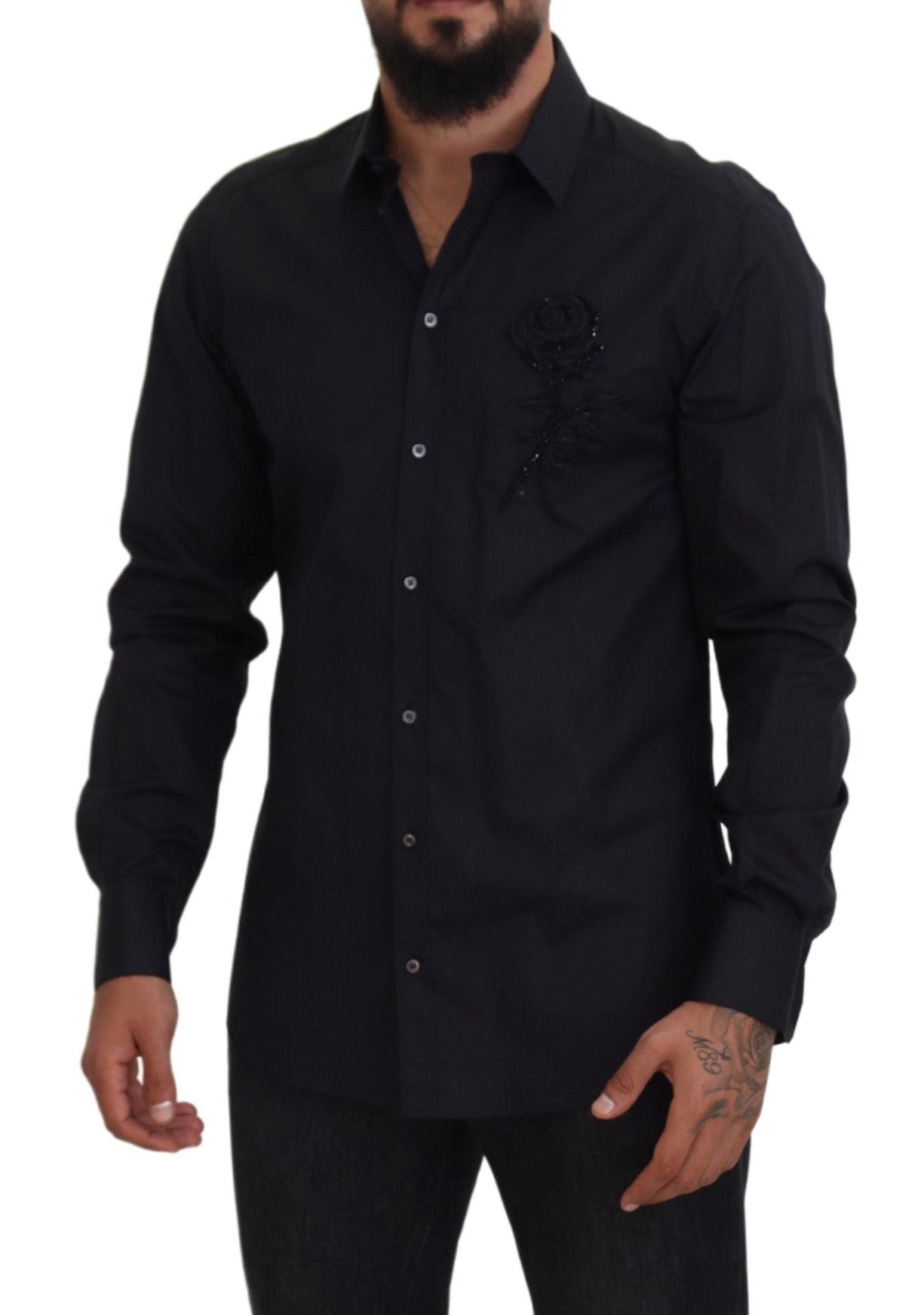 Dolce & Gabbana Black Roses Slim Fit памучна риза