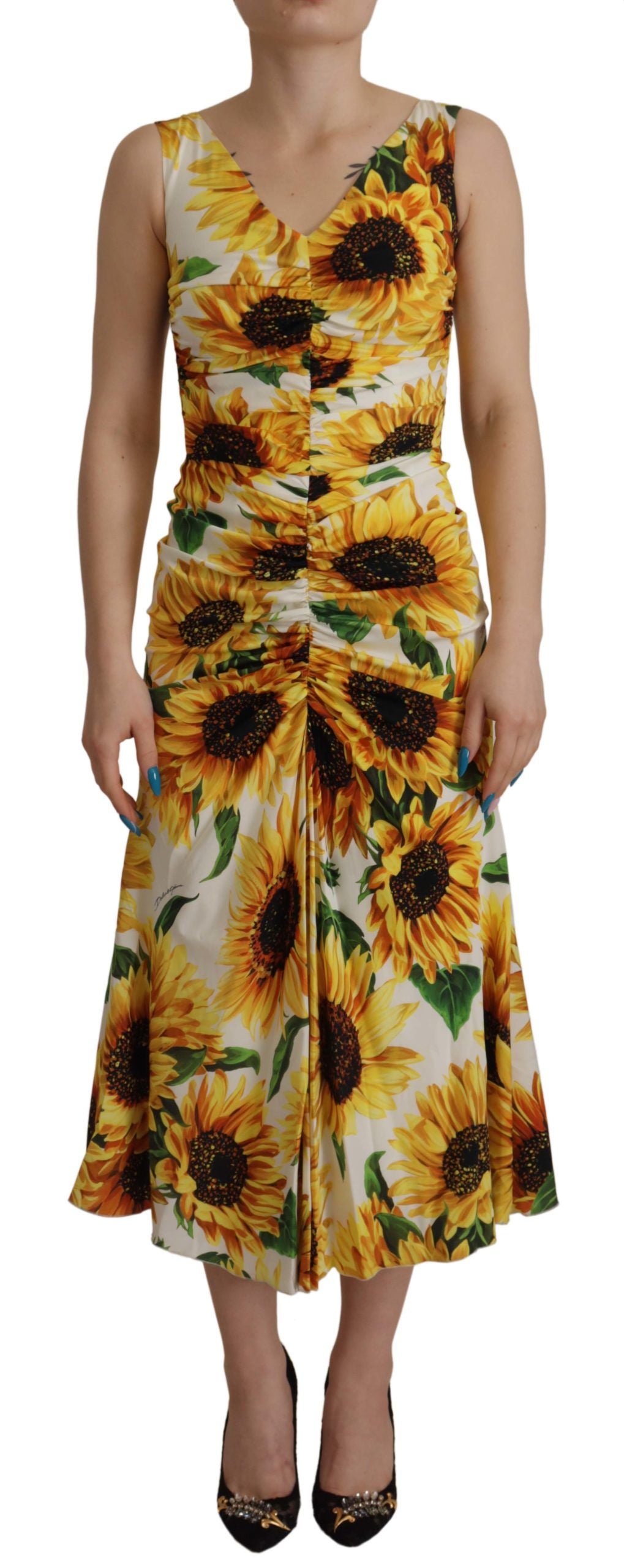 Dolce & Gabbana Бяла обвивка със слънчогледов принт Midi Silk