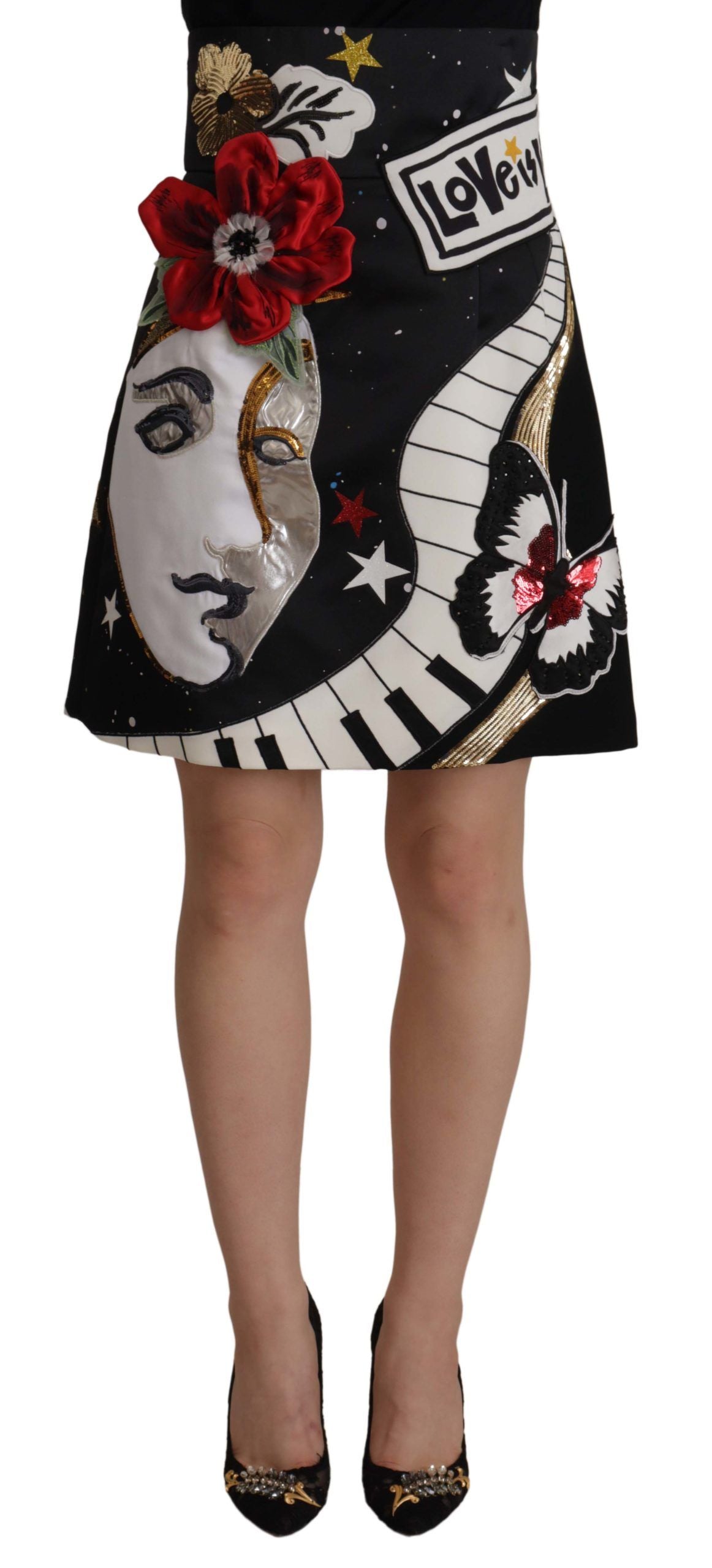 Dolce & Gabbana High-Waist A-Line Embellished Black Skirt