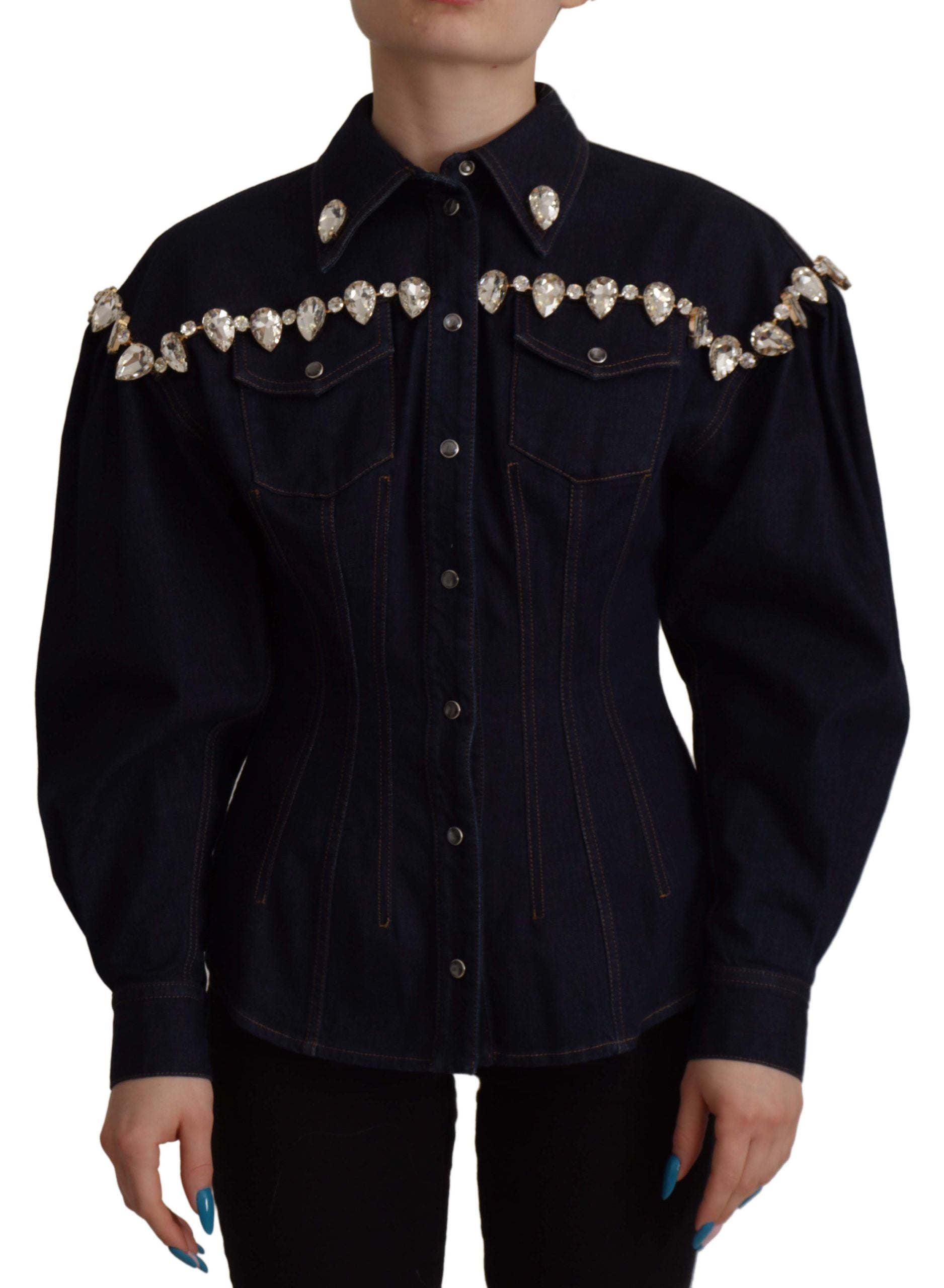 Памучно яке Dolce & Gabbana Blue Denim Crystal Embellish