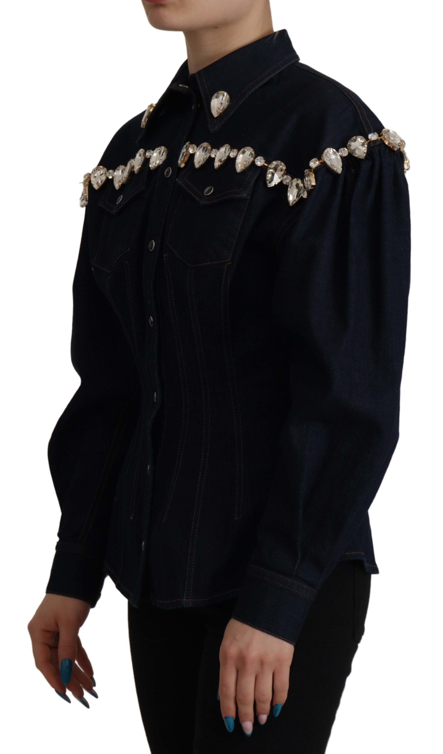 Памучно яке Dolce & Gabbana Blue Denim Crystal Embellish