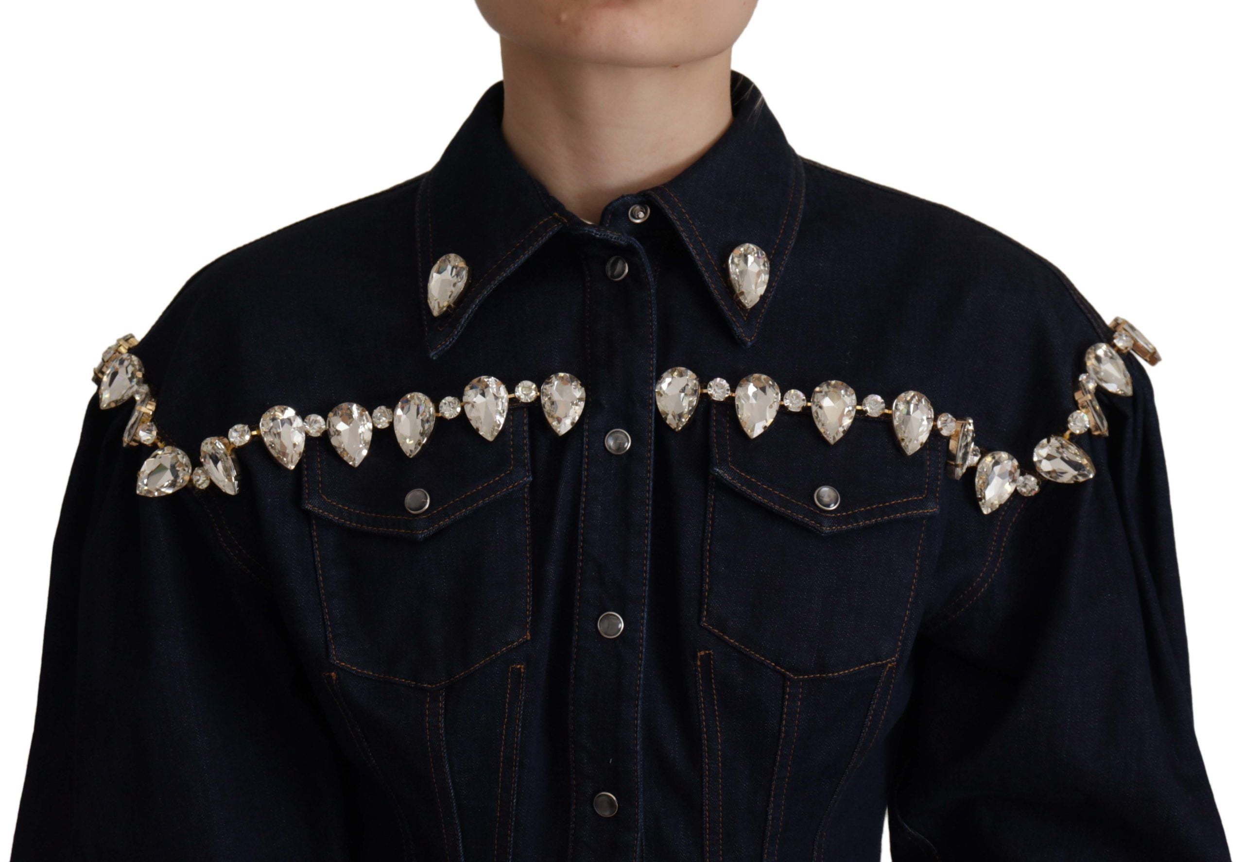 Памучно яке Dolce & Gabbana Blue Denim Crystal Embellish