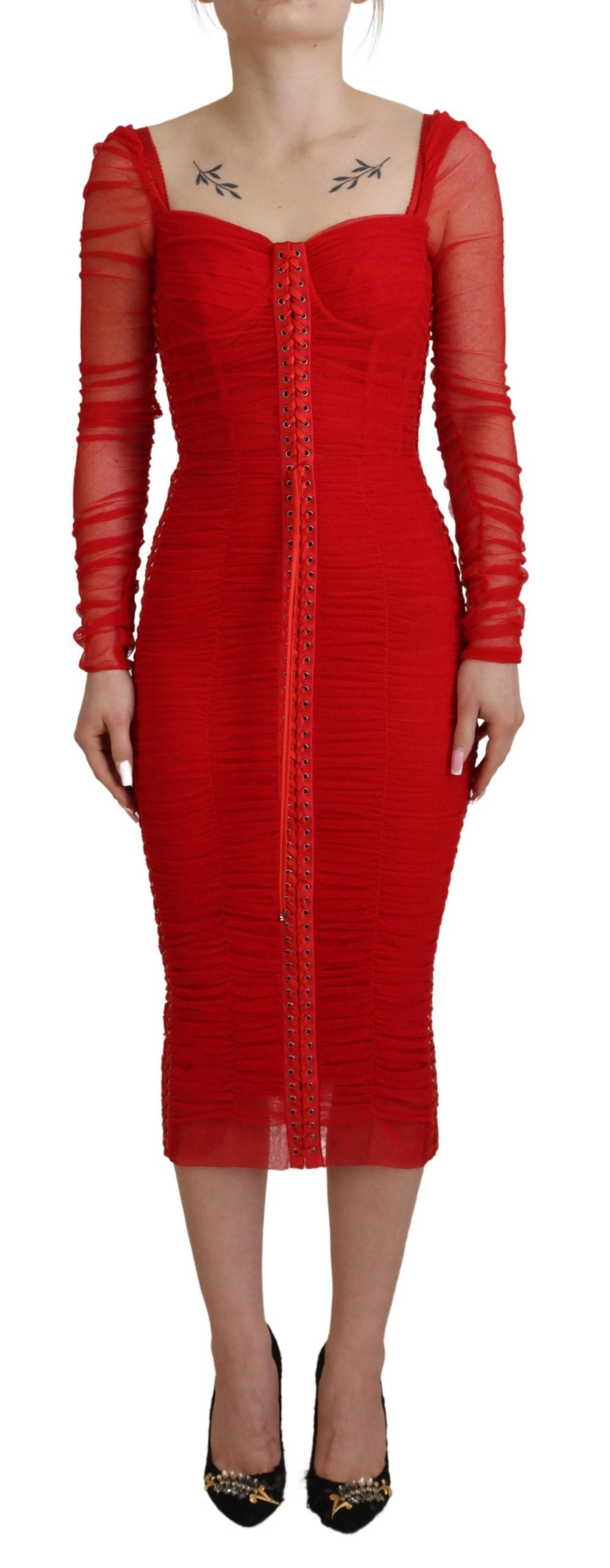Dolce & Gabbana Red Mesh Trim Bodycon Midi Dress