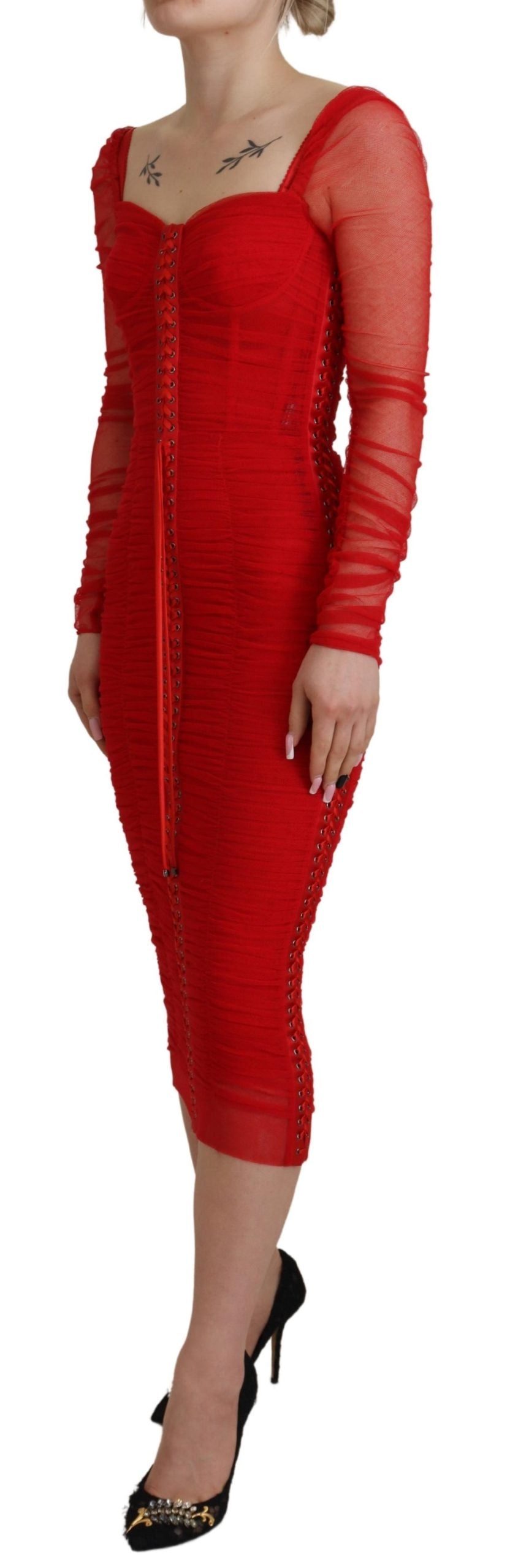 Dolce & Gabbana Red Mesh Trim Bodycon Midi Dress