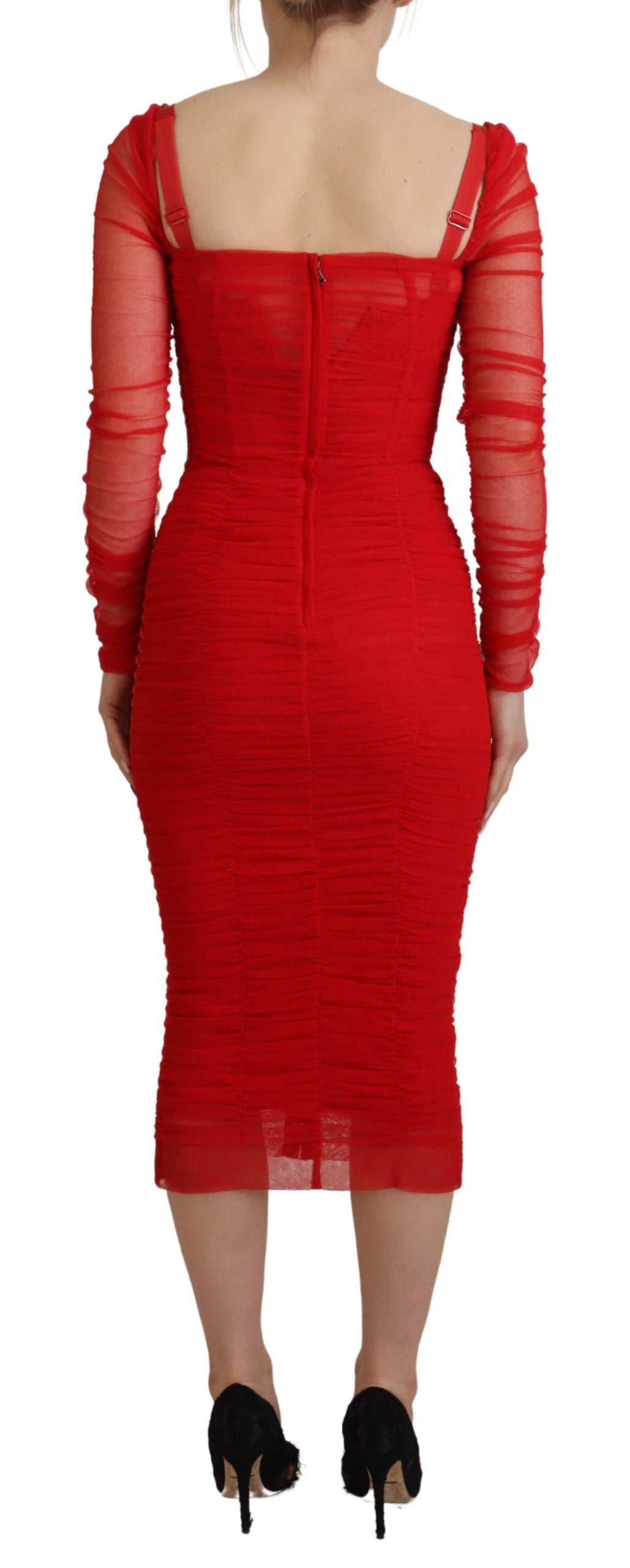 Dolce & Gabbana Red Mesh Trim Bodycon Midi Dress