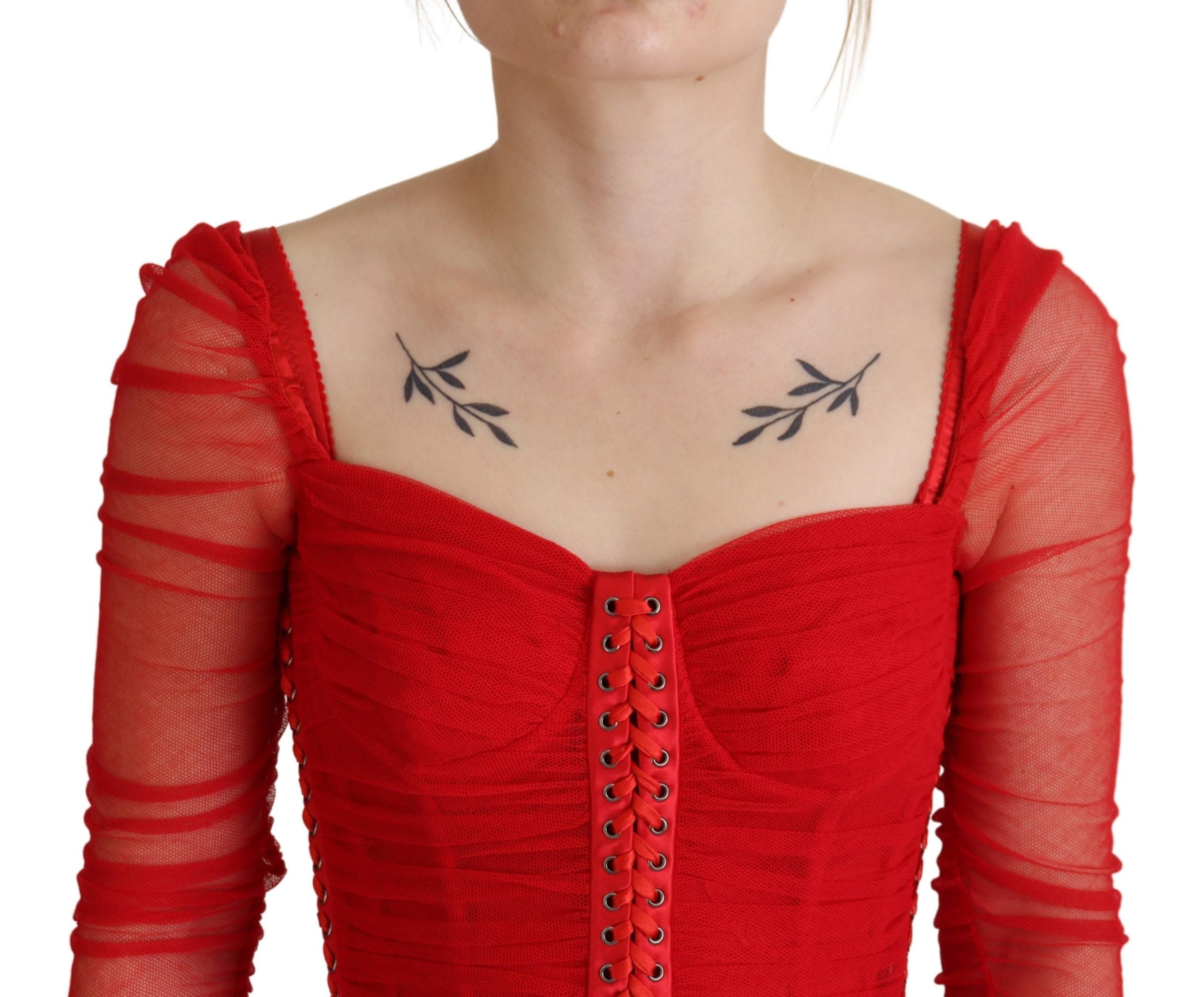 Dolce & Gabbana Red Mesh Trim Bodycon Midi Dress