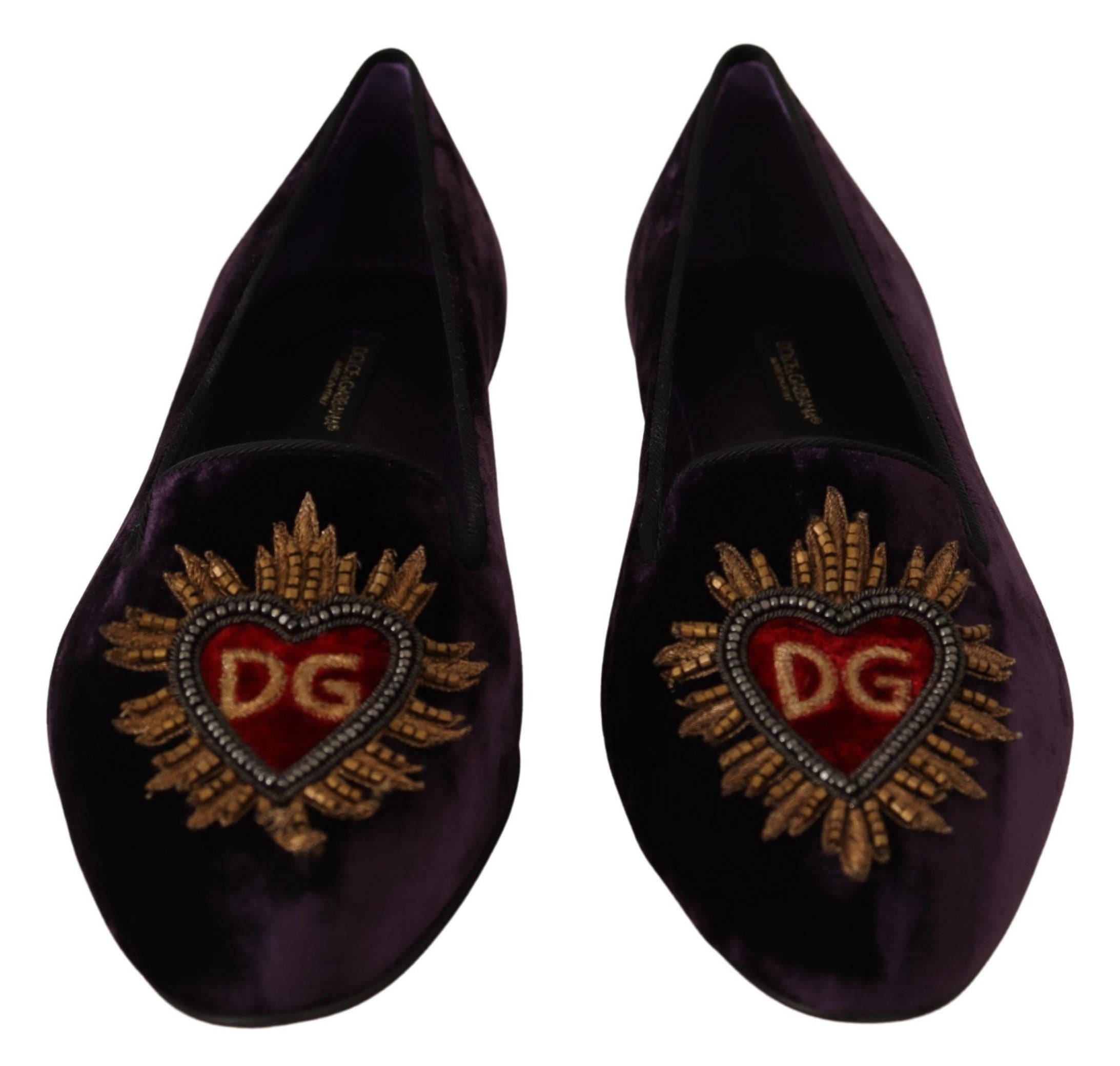 Обувки Dolce & Gabbana Purple Velvet DG Heart Loafers Flats Shoes