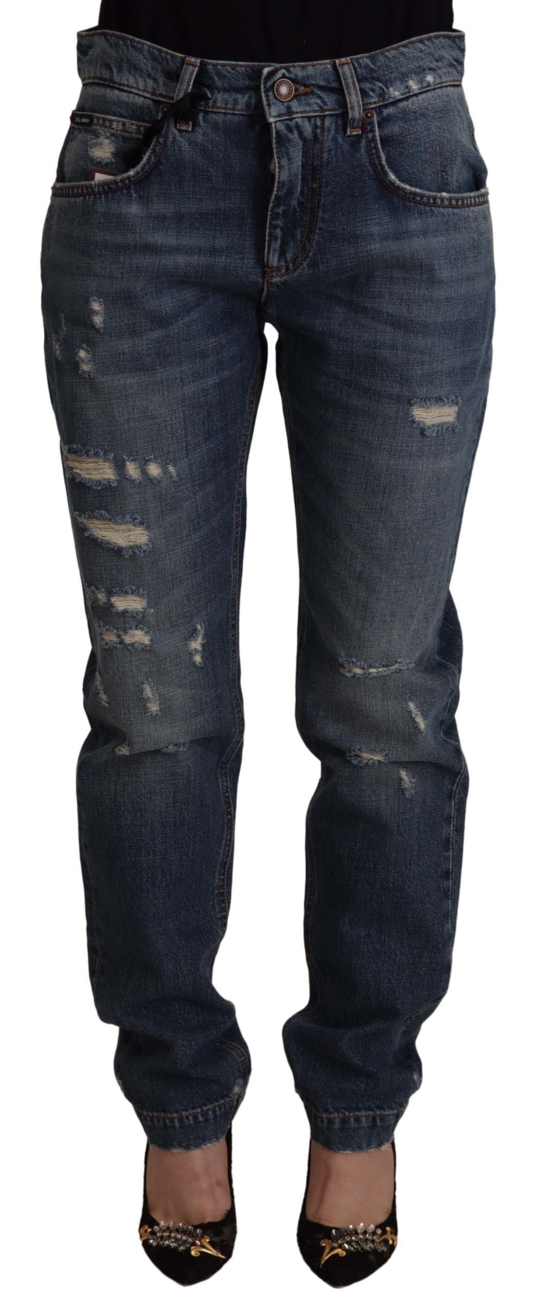 Dolce & Gabbana Blue Denim Baroque Heart Logo Patch Pants Дънки