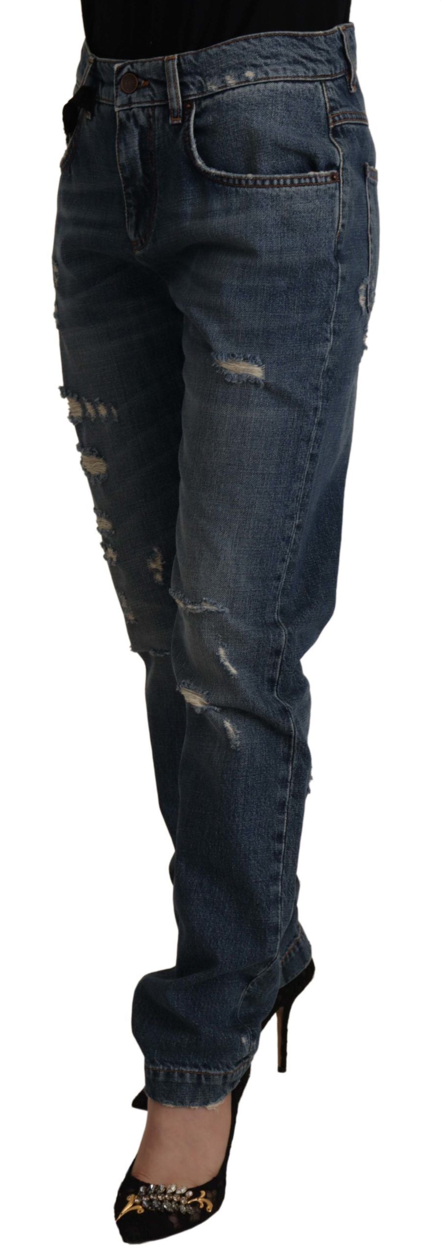 Dolce & Gabbana Blue Denim Baroque Heart Logo Patch Pants Дънки