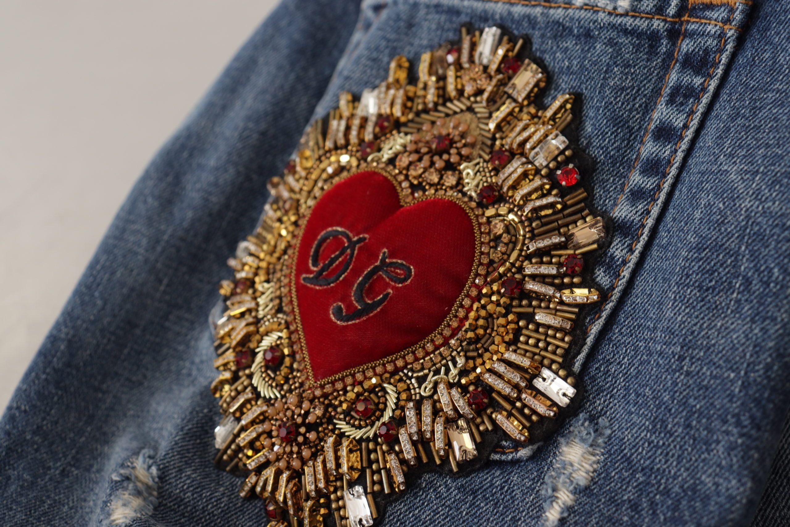 Dolce & Gabbana Blue Denim Baroque Heart Logo Patch Pants Дънки