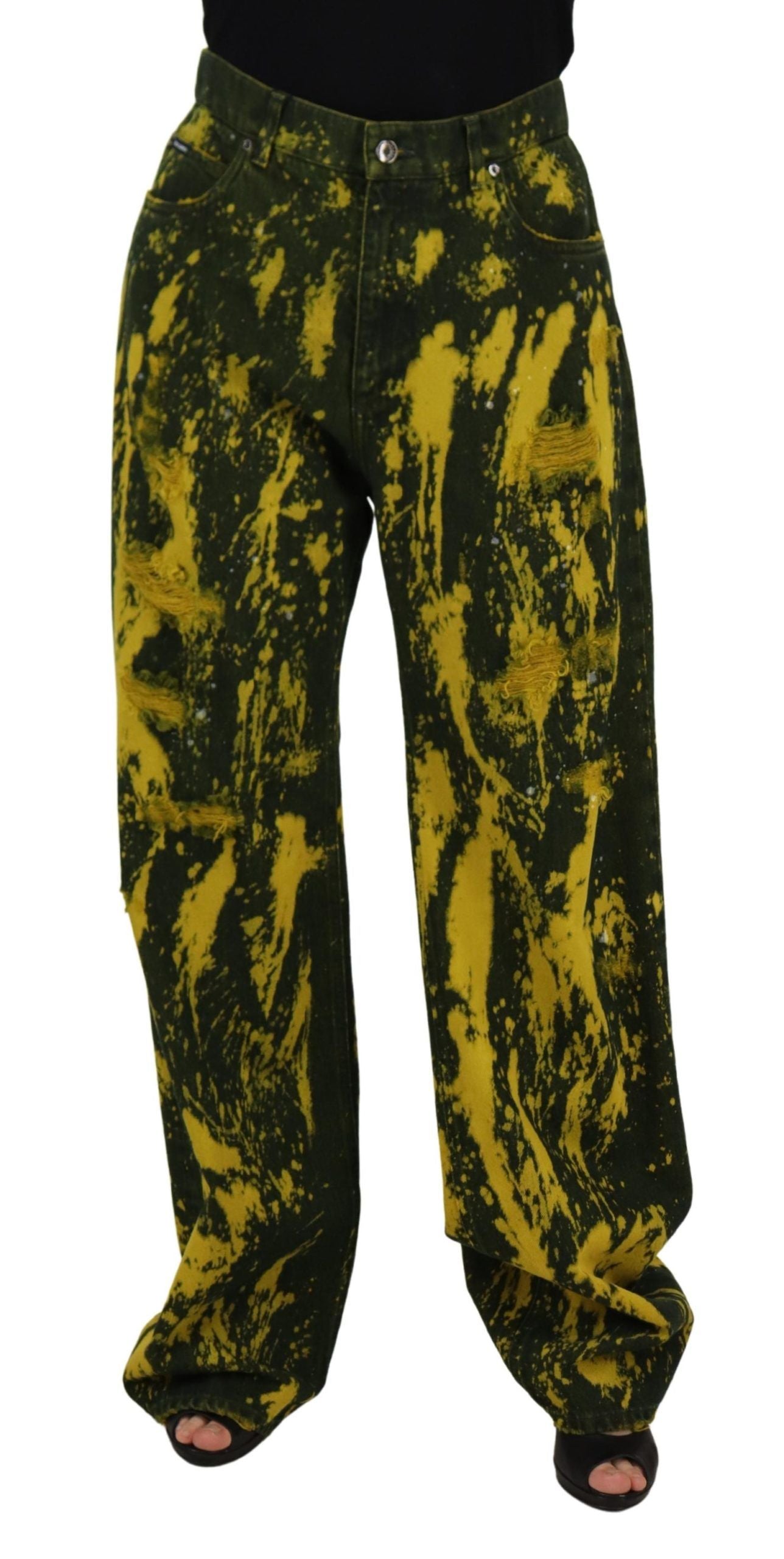 Dolce & Gabbana Yellow Tie Dye Панталони с висока талия Памучни дънки