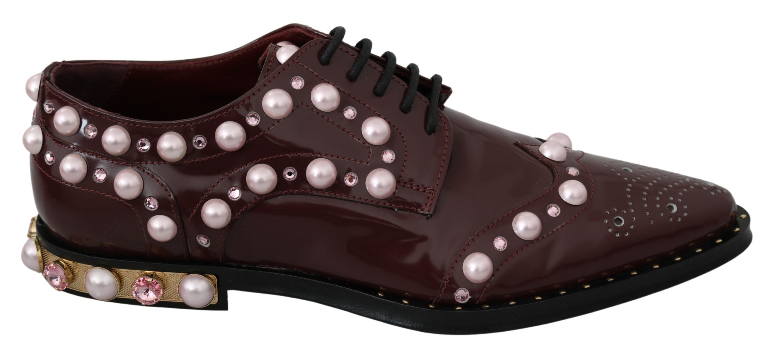 Dolce & Gabbana Бордо кожени официални обувки Crystal Pearls