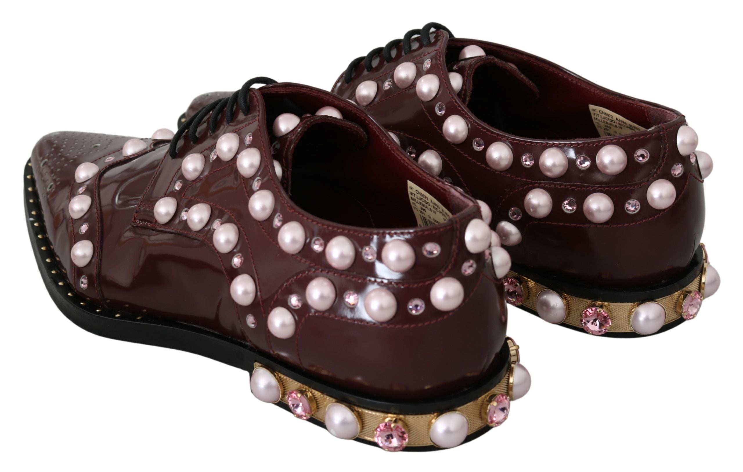 Dolce & Gabbana Бордо кожени официални обувки Crystal Pearls
