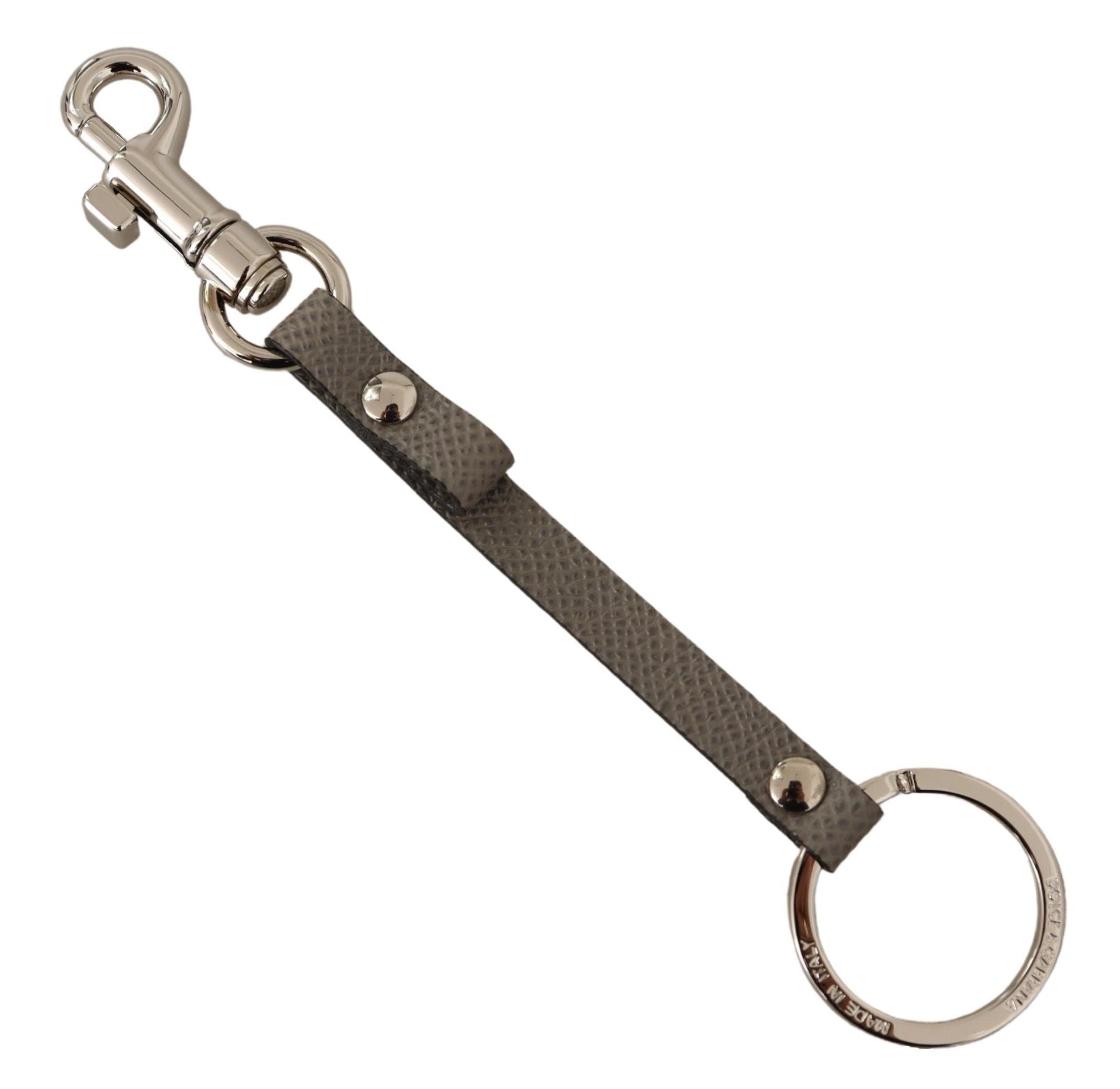 Dolce & Gabbana Elegant Gray Leather Keyring with Silver Accents