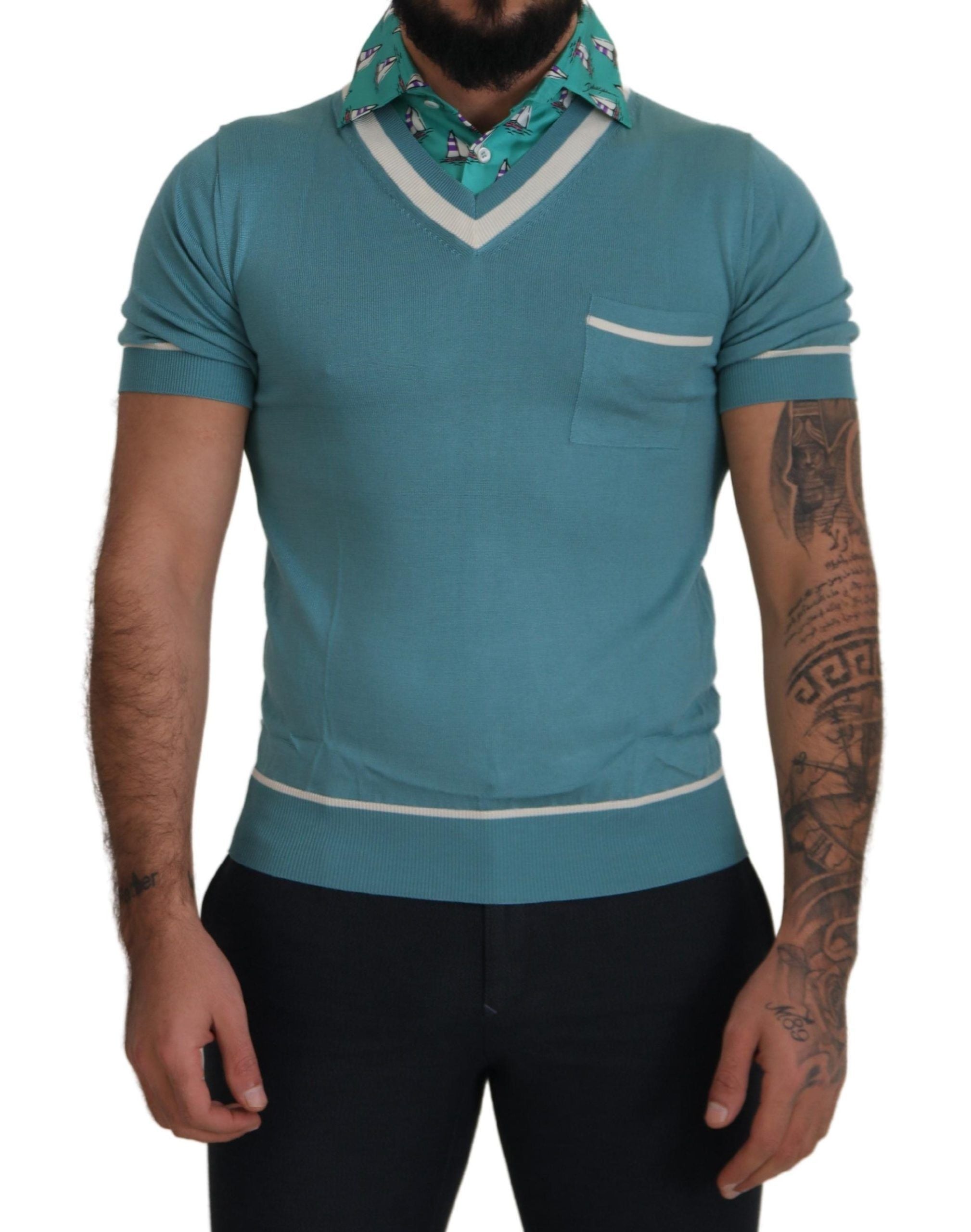 Dolce & Gabbana Blue Silk Polo Top Мъжка тениска с V-образно деколте