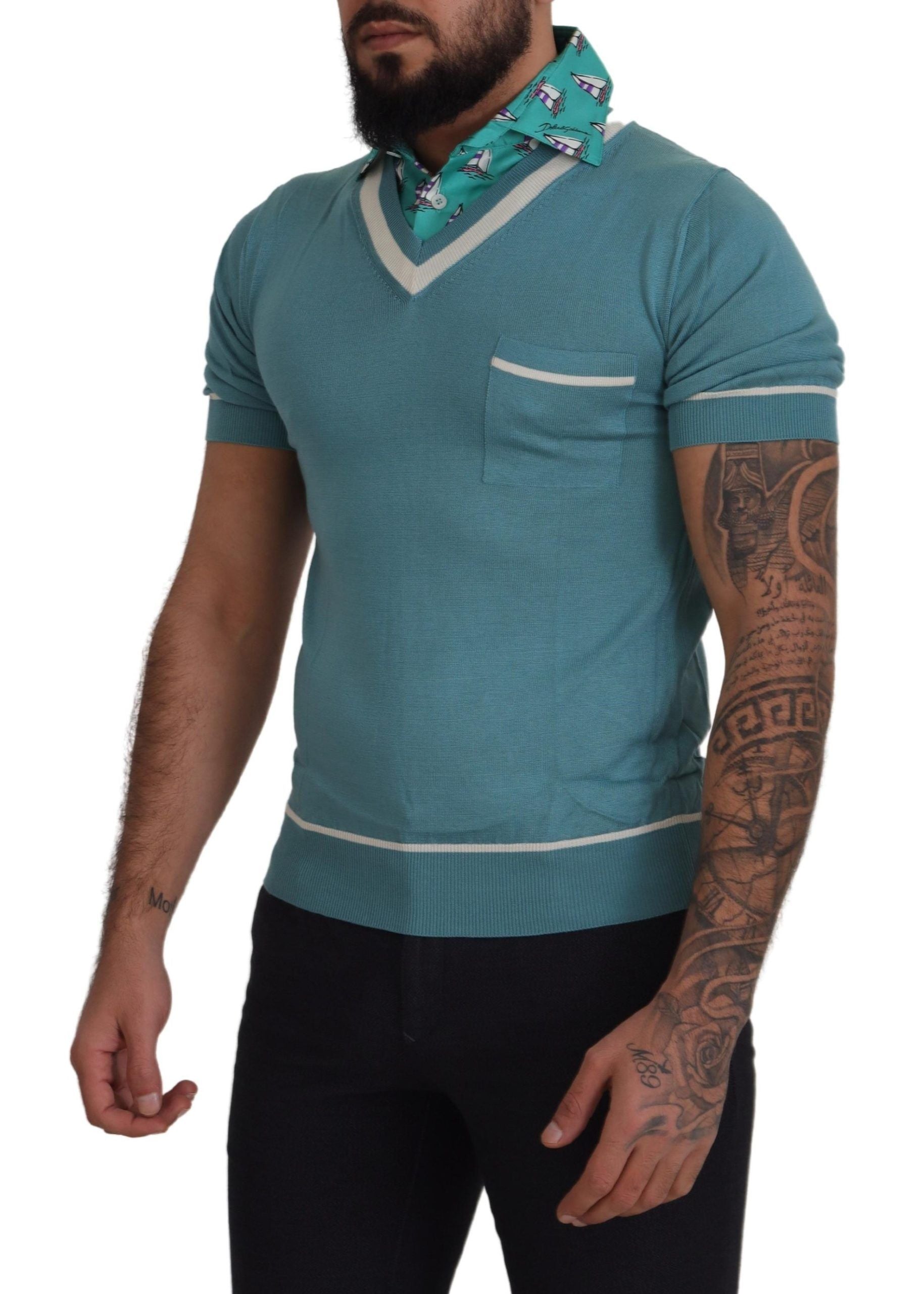 Dolce & Gabbana Blue Silk Polo Top Мъжка тениска с V-образно деколте