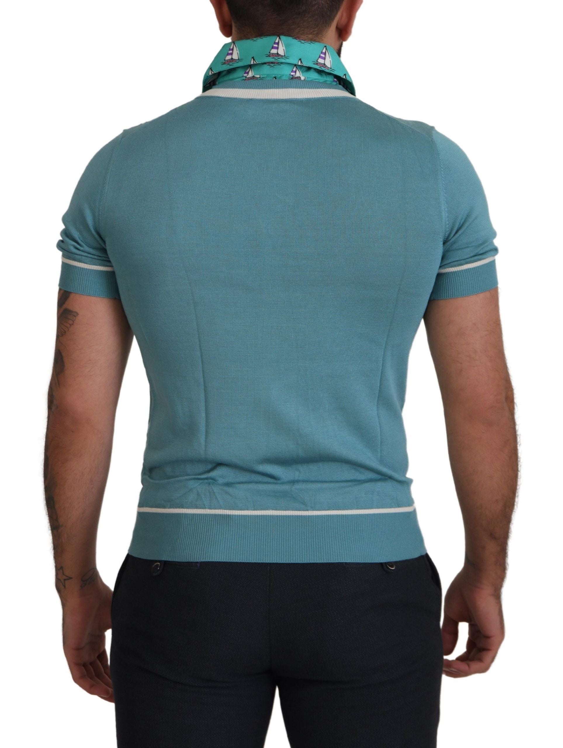 Dolce & Gabbana Blue Silk Polo Top Мъжка тениска с V-образно деколте