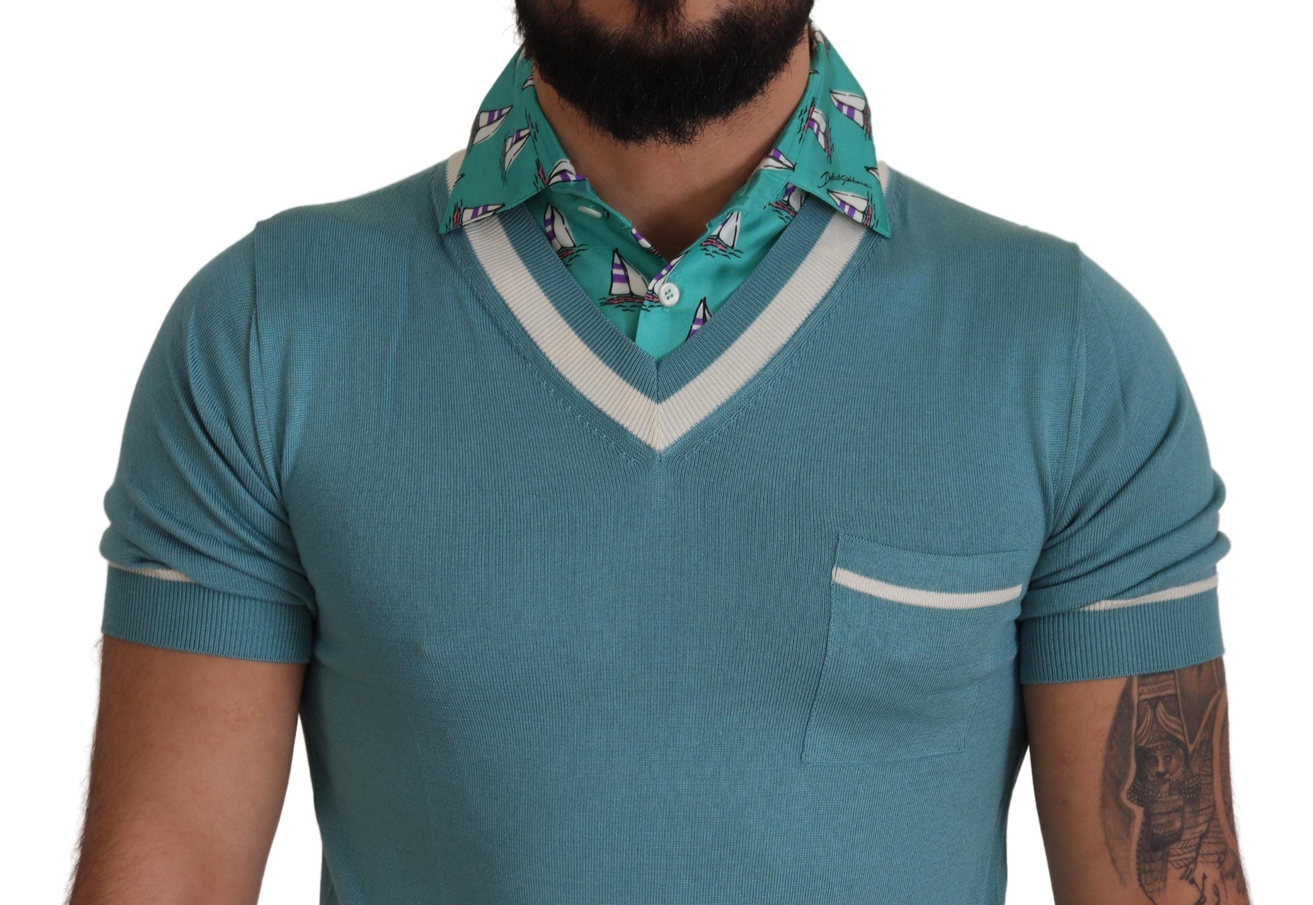 Dolce & Gabbana Blue Silk Polo Top Мъжка тениска с V-образно деколте