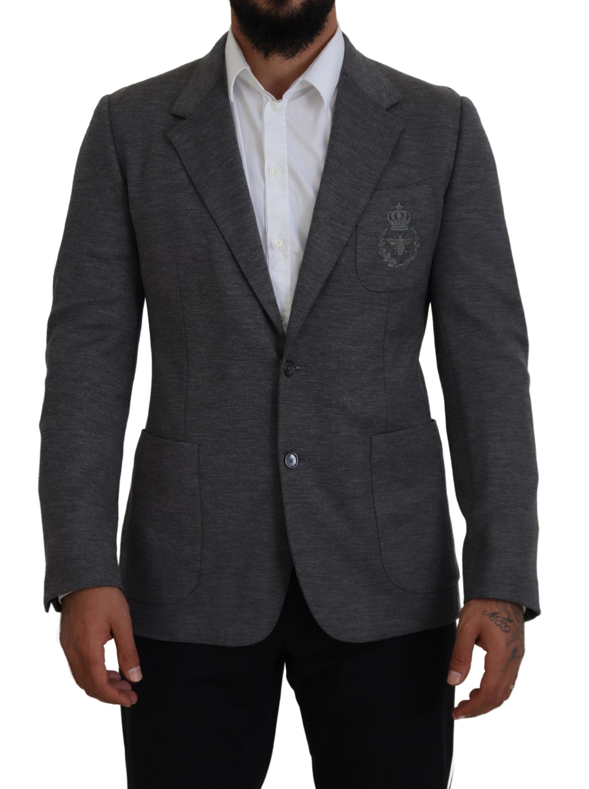 Dolce & Gabbana Elegant Gray Wool Blazer with Bee Crown Embroidery