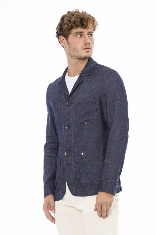 Distretto12 Chic Blue Linen-Blend Jacket with Backpack Feature