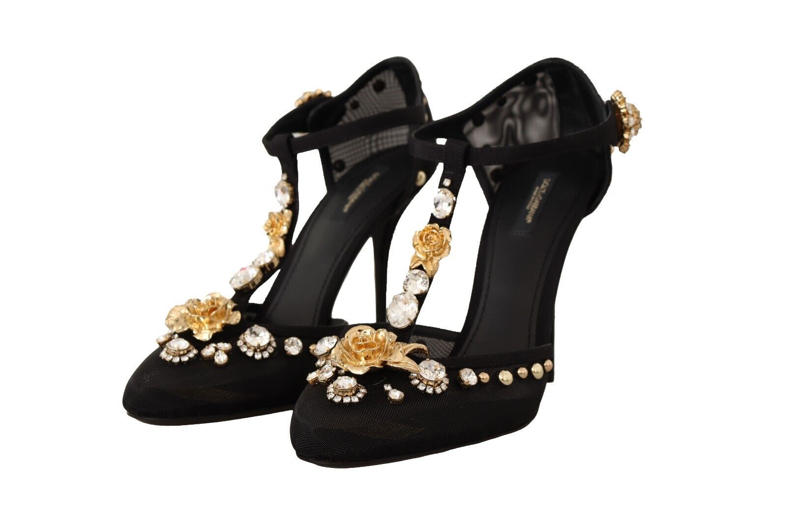 Dolce & Gabbana Черни мрежести кристали T-каишка Токчета Помпи Обувки