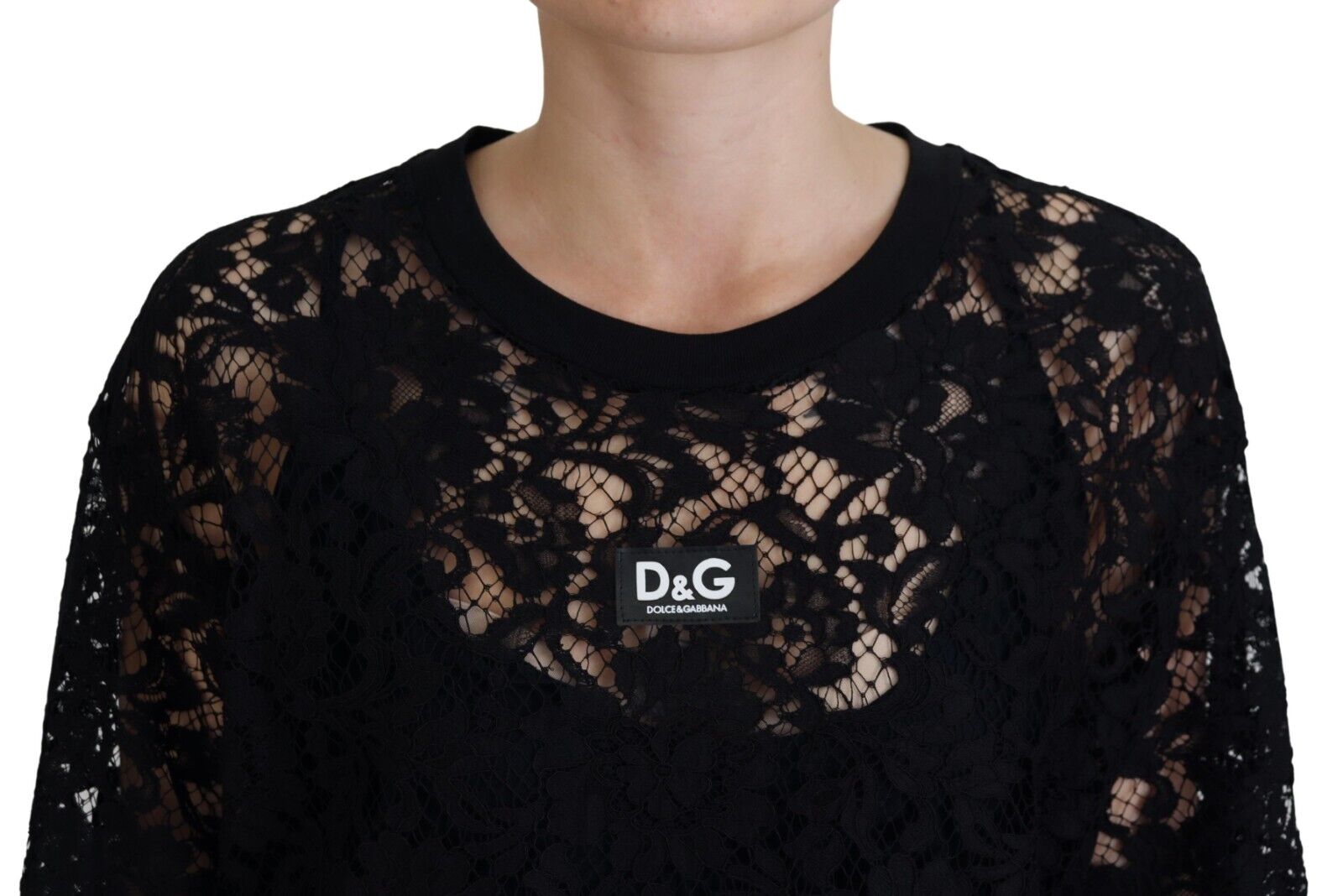 Черна памучна мини рокля с флорална дантела Dolce & Gabbana