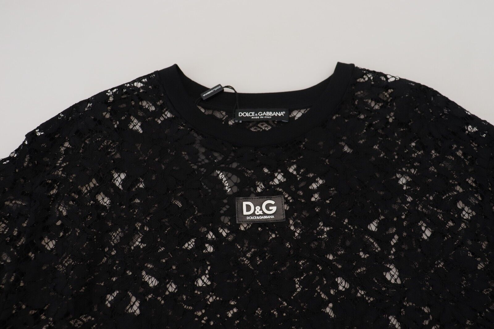 Черна памучна мини рокля с флорална дантела Dolce & Gabbana