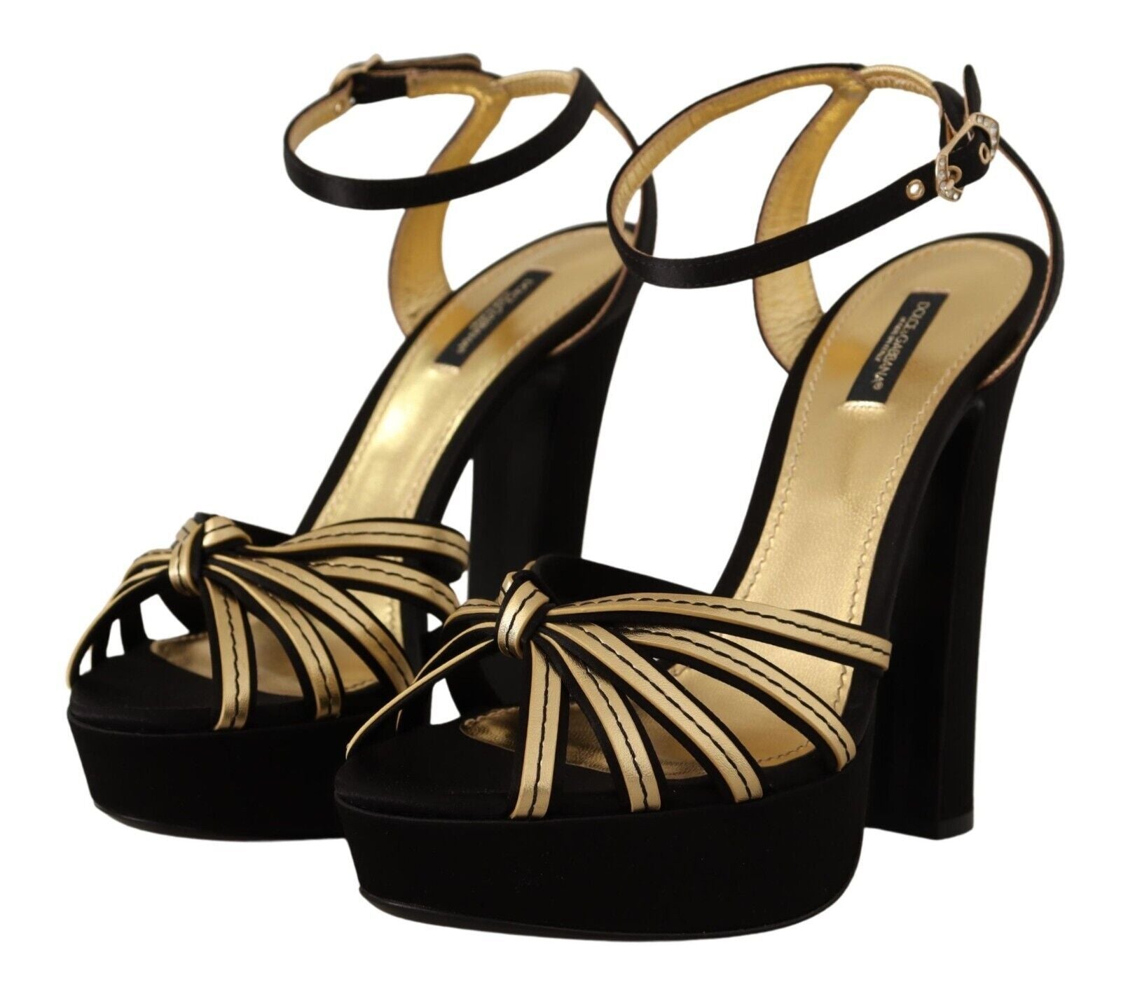 Dolce & Gabbana, черно злато, вискоза, каишка около глезена, токчета, сандали, обувки