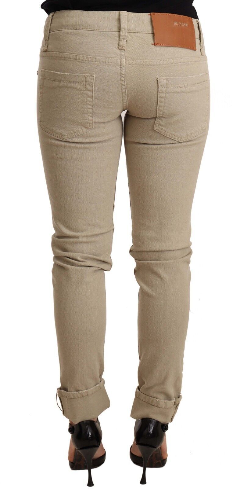 Acht Beige Denim Cotton Bottom Slim Fit Сгънат панталон