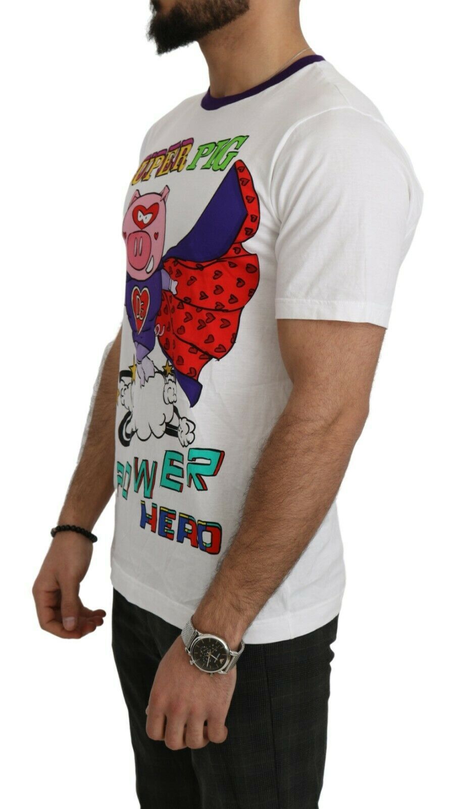 Бяла памучна тениска Super Power Pig на Dolce & Gabbana