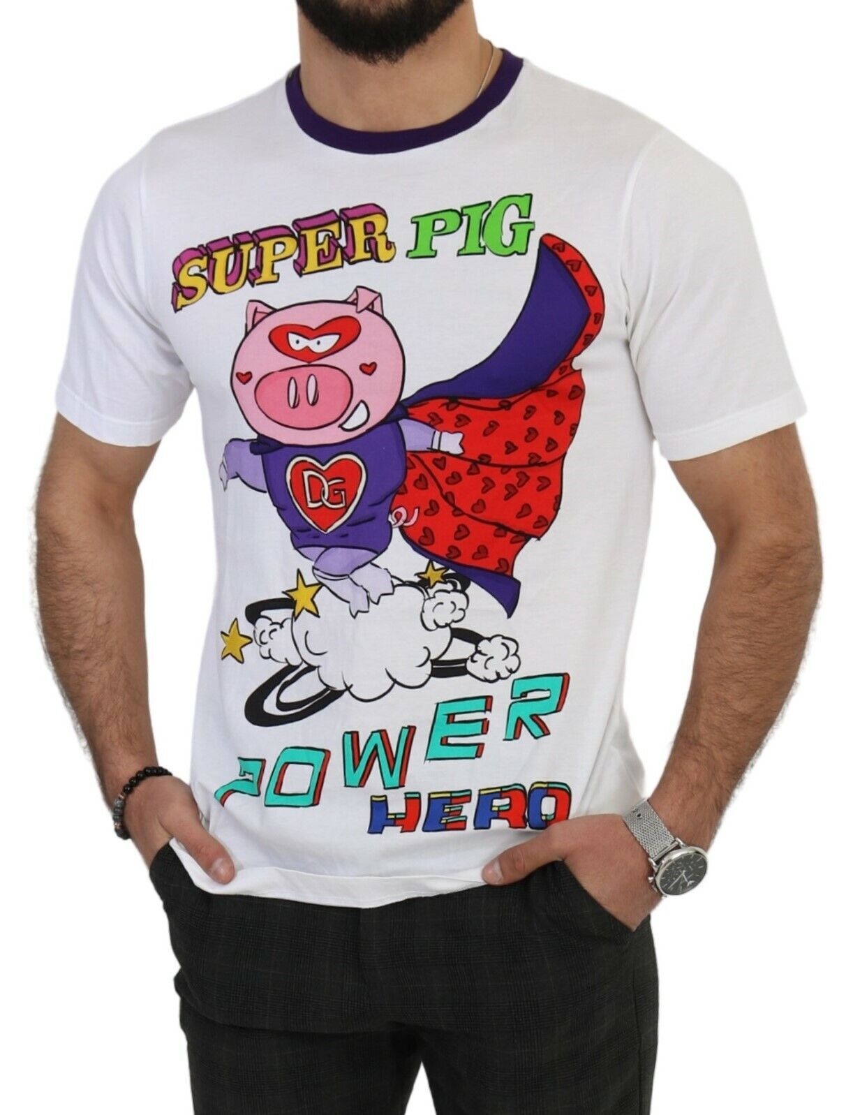 Бяла памучна тениска Super Power Pig на Dolce & Gabbana