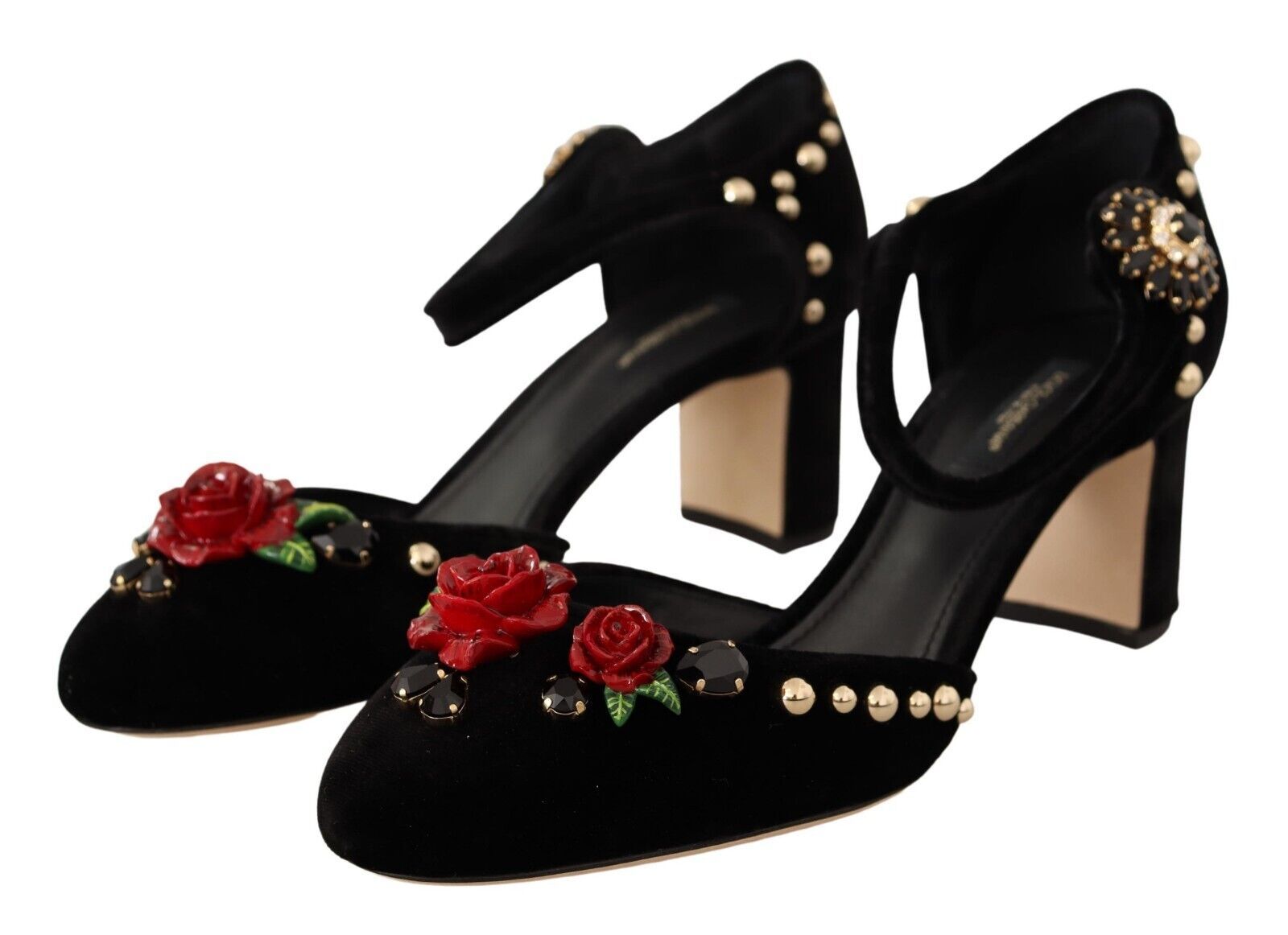 Обувки помпи Dolce & Gabbana с черни кадифени рози и каишки около глезена
