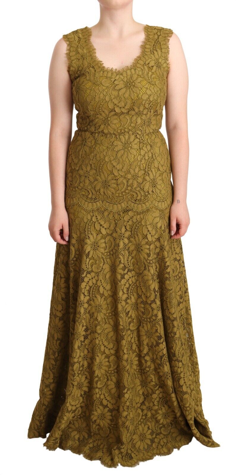 Dolce & Gabbana кафява макси рокля с флорална дантела до пода