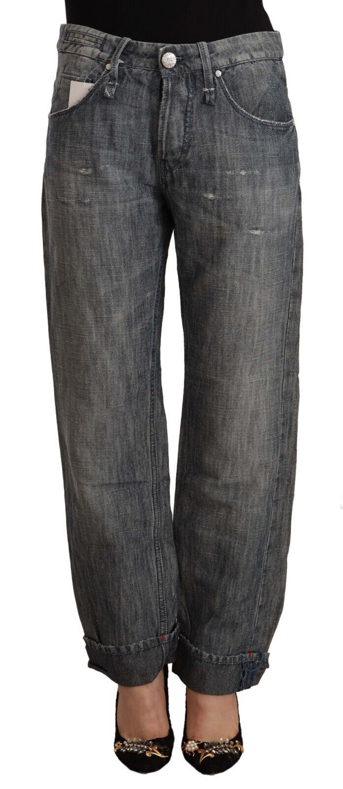 Acht Grey Washed Ramie Straight Denim Jeans с нагънат подгъв
