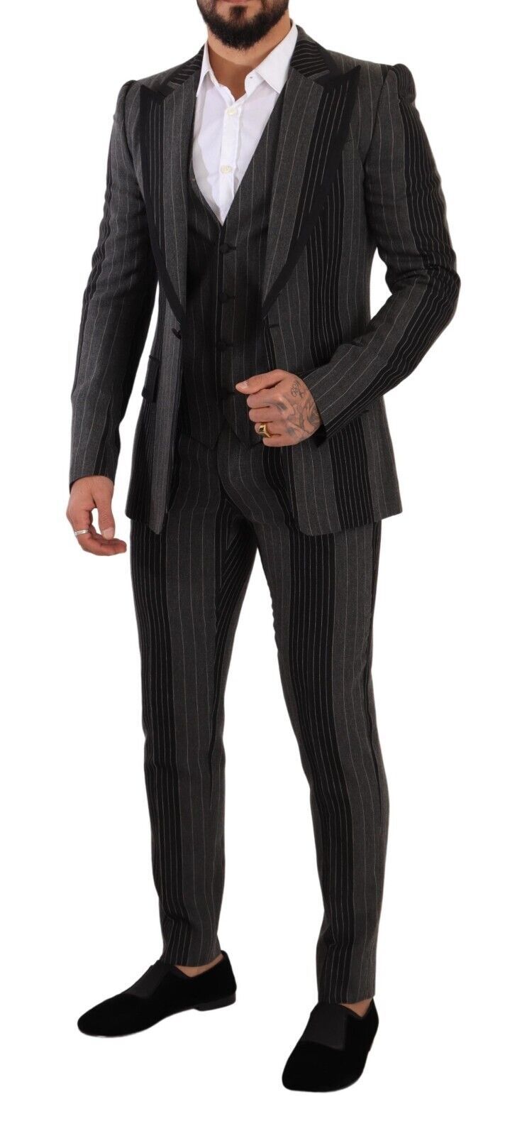 Dolce & Gabbana Черно сиво райе Slim Fit костюм от 3 части
