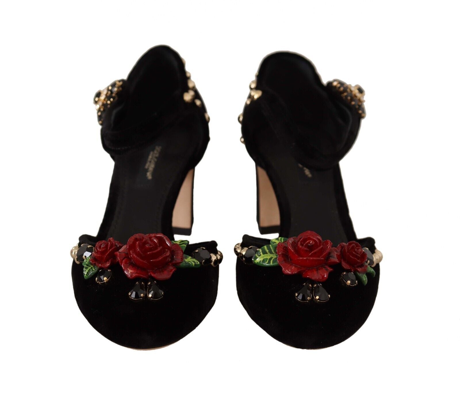 Dolce & Gabbana Black Crystal Rose Heel Sandals