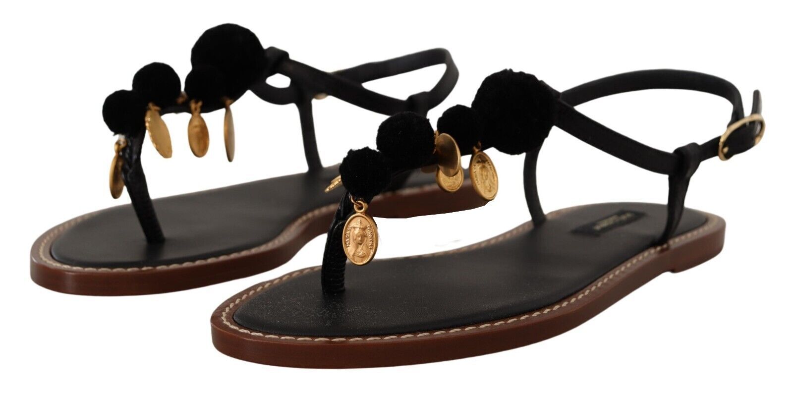 Dolce & Gabbana Черни кожени монети Джапанки Сандали Обувки