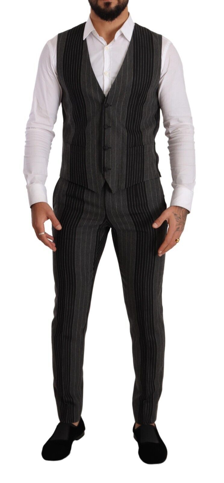Dolce & Gabbana Черно сиво райе Slim Fit костюм от 3 части