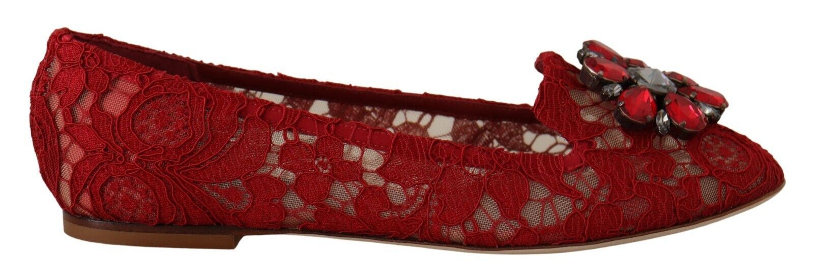 Dolce & Gabbana Червени дантелени балетни обувки с кристални мокасини
