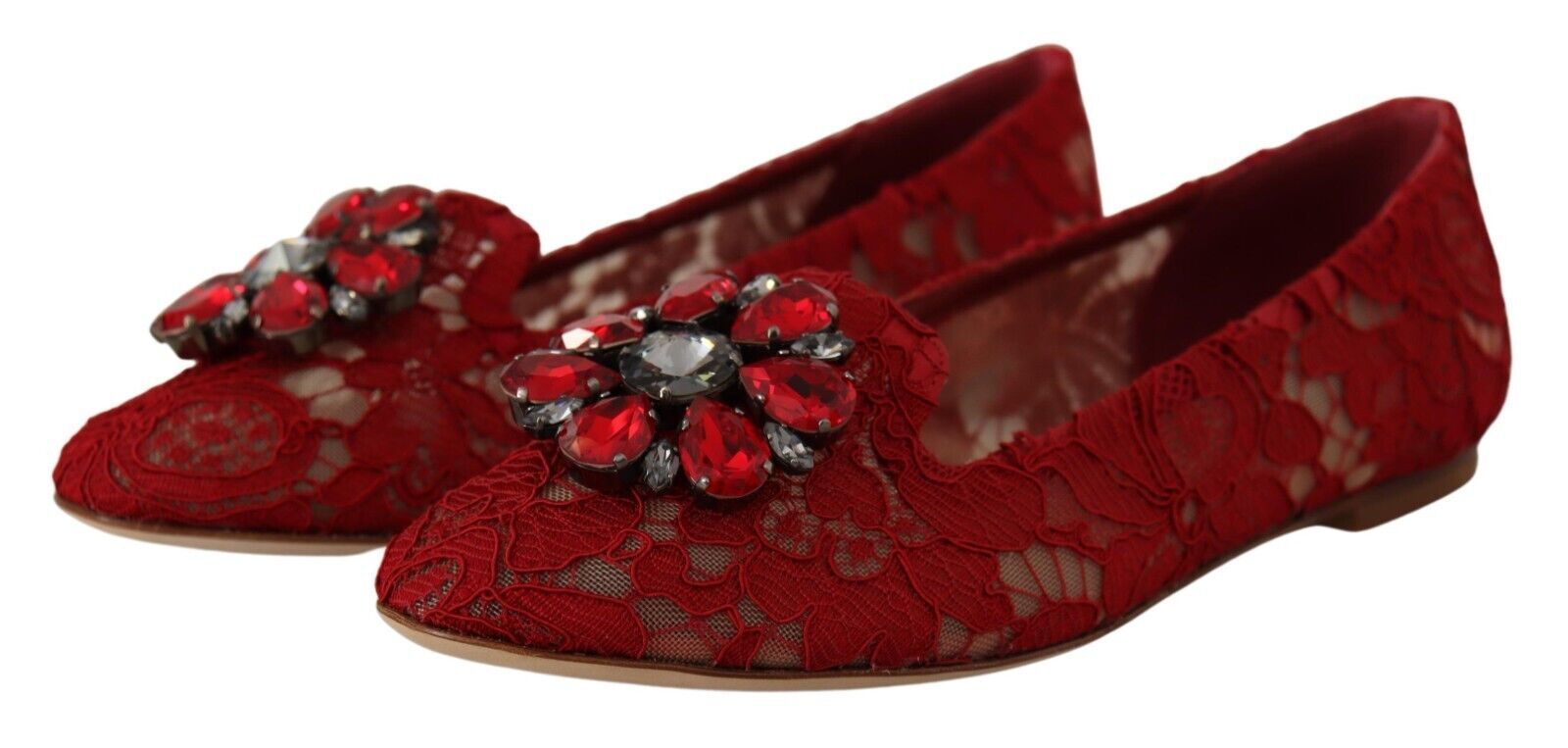 Dolce & Gabbana Червени дантелени балетни обувки с кристални мокасини