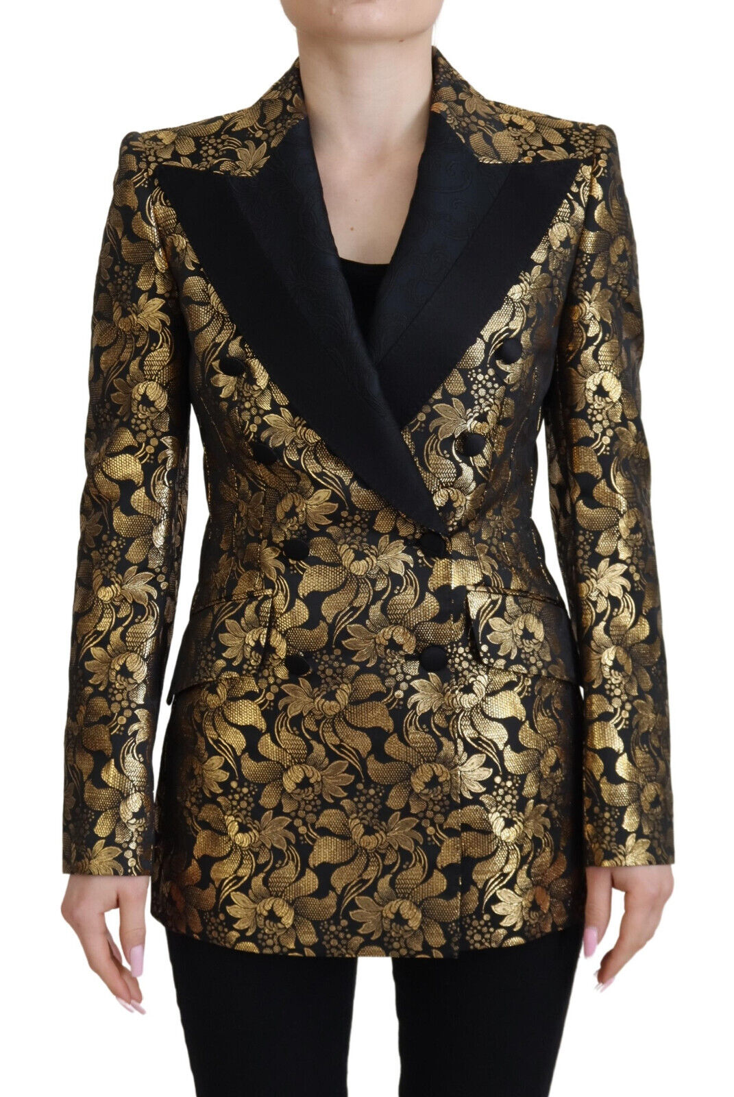 Dolce & Gabbana Черно златисто жакардово палто Блейзър яке