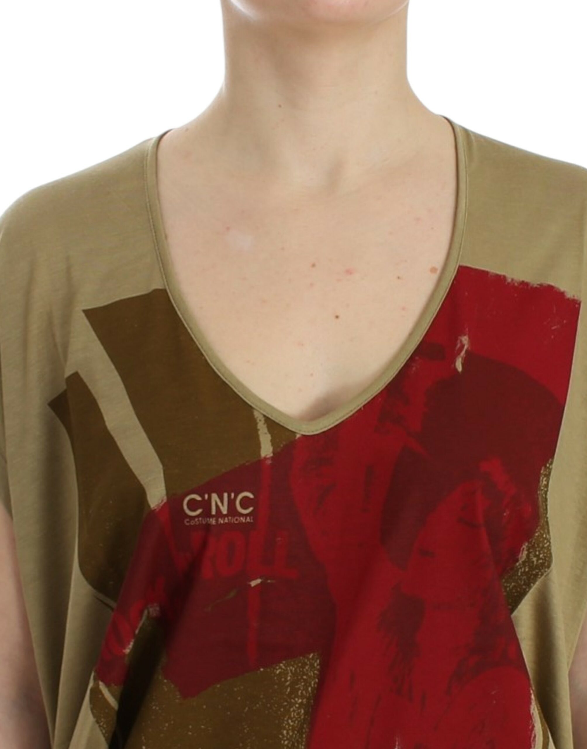 Costume National Chic Green Multicolor Print V-Neck Tee