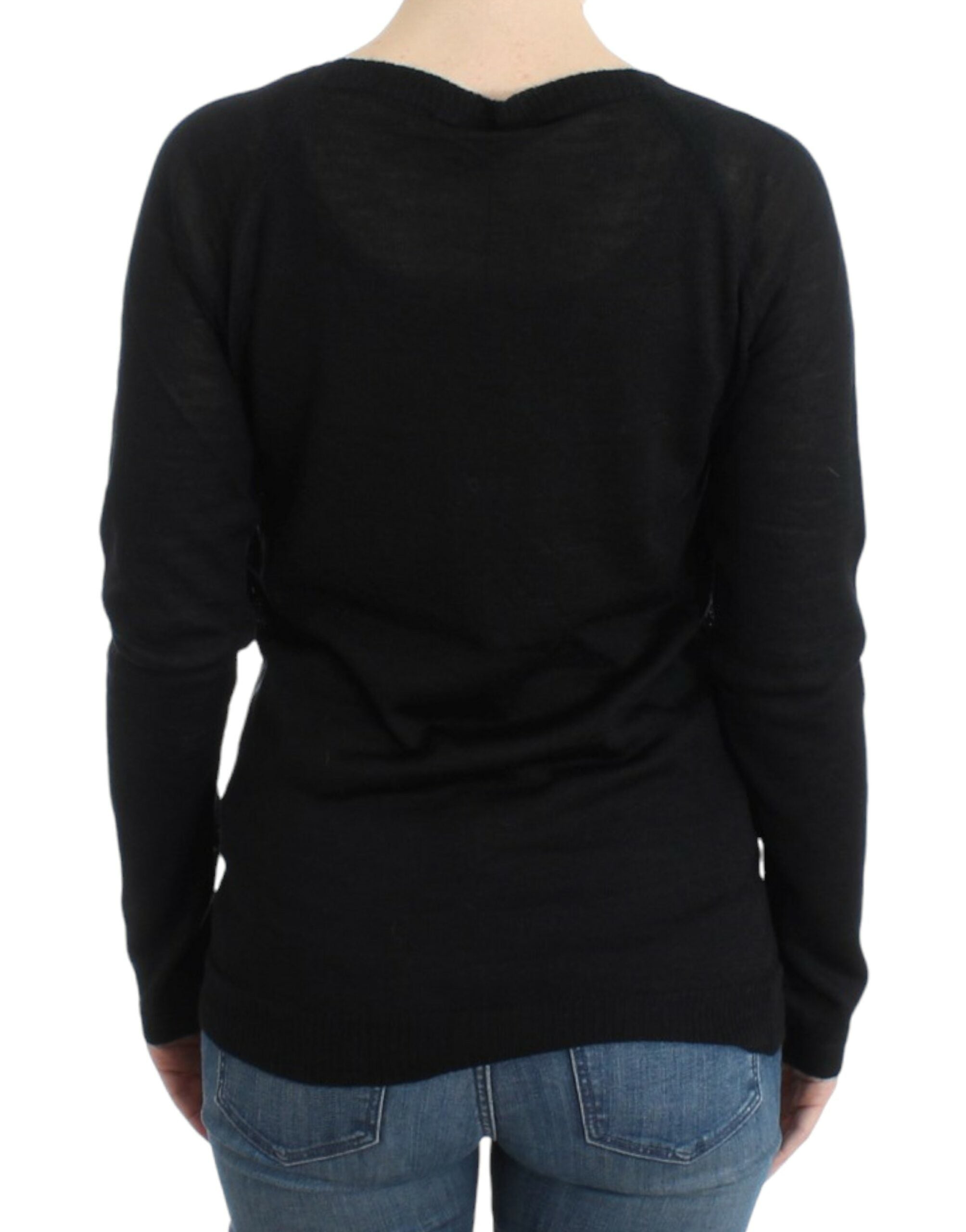 Costume National Черен пуловер с V-образно деколте на райета