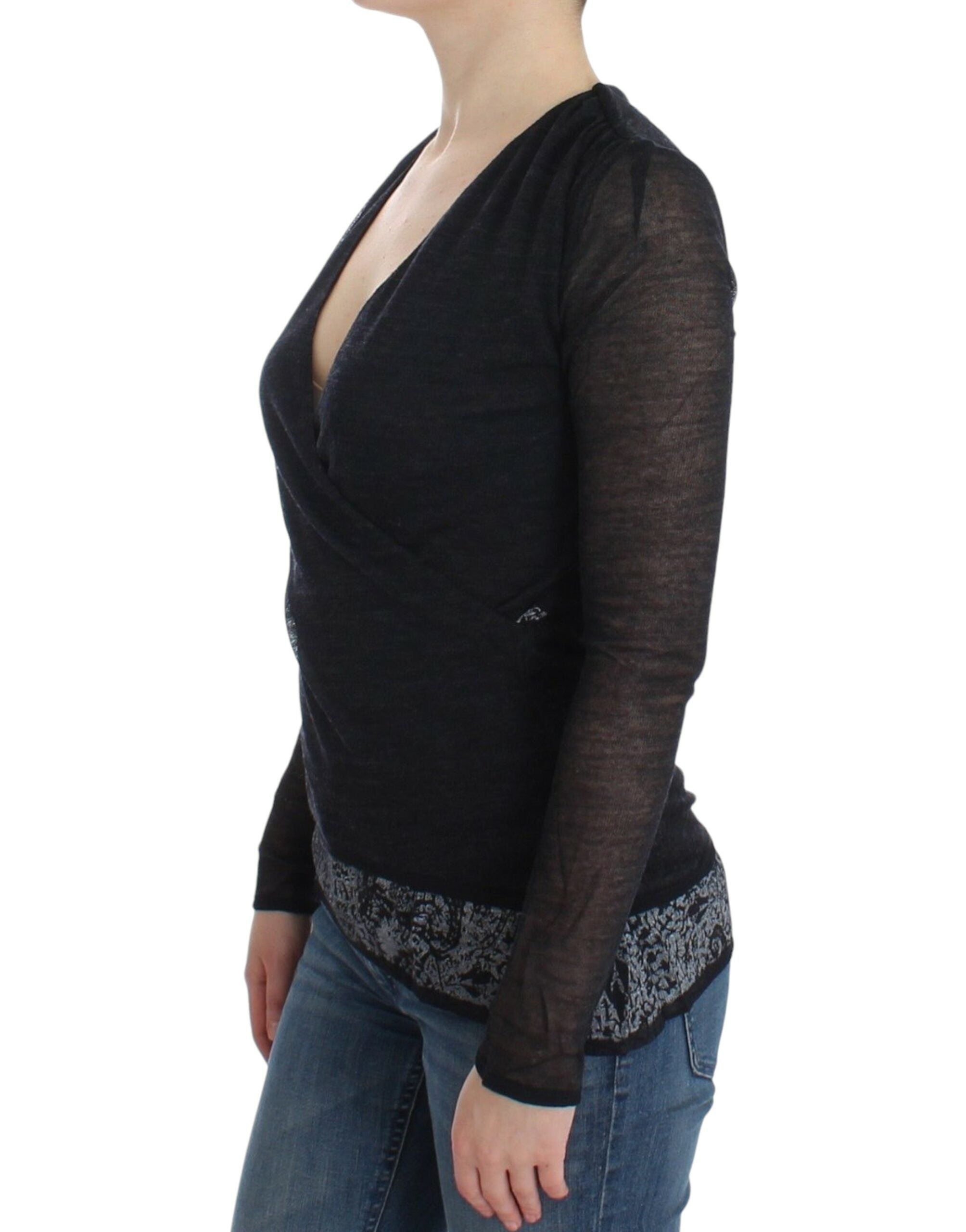 Еластичен пуловер с дълъг ръкав от черна вълнена смес Ermanno Scervino